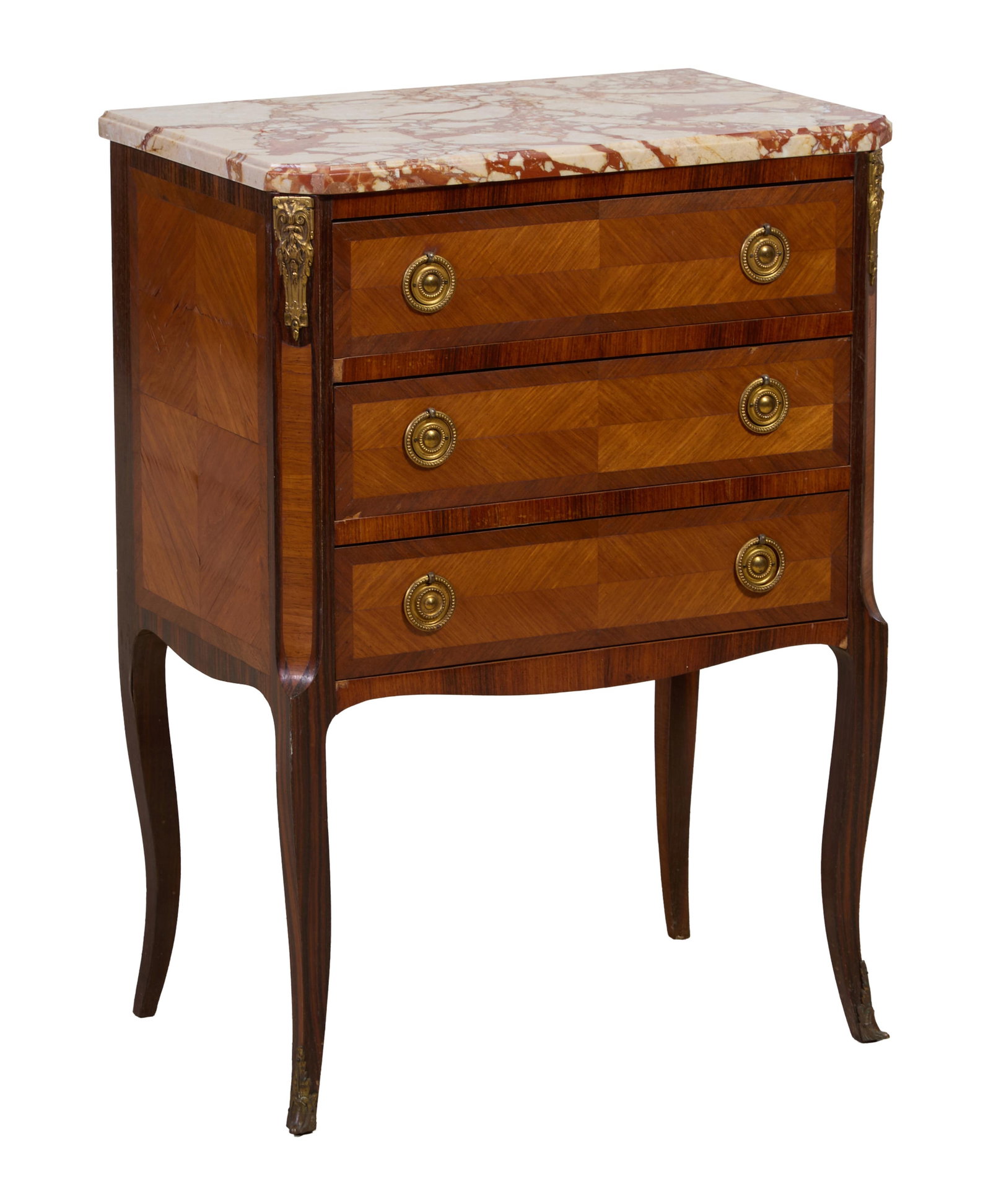 French Louis XV/XVI Style Ormolu Mounted Marble Top Parquetry Commode, 20th c., H.- 34 in., W.- 24 (1 of 2)
