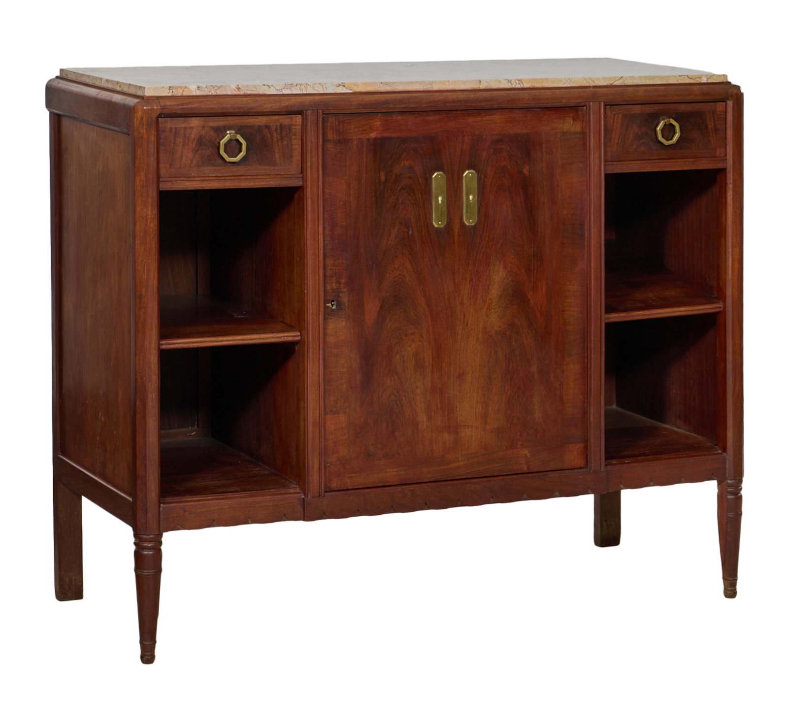 French Art Nouveau Marble Top Walnut Desserte, early 20th c., H.- 39 1/2 in., W.- 47 in., D.- 18 3/4 (1 of 2)