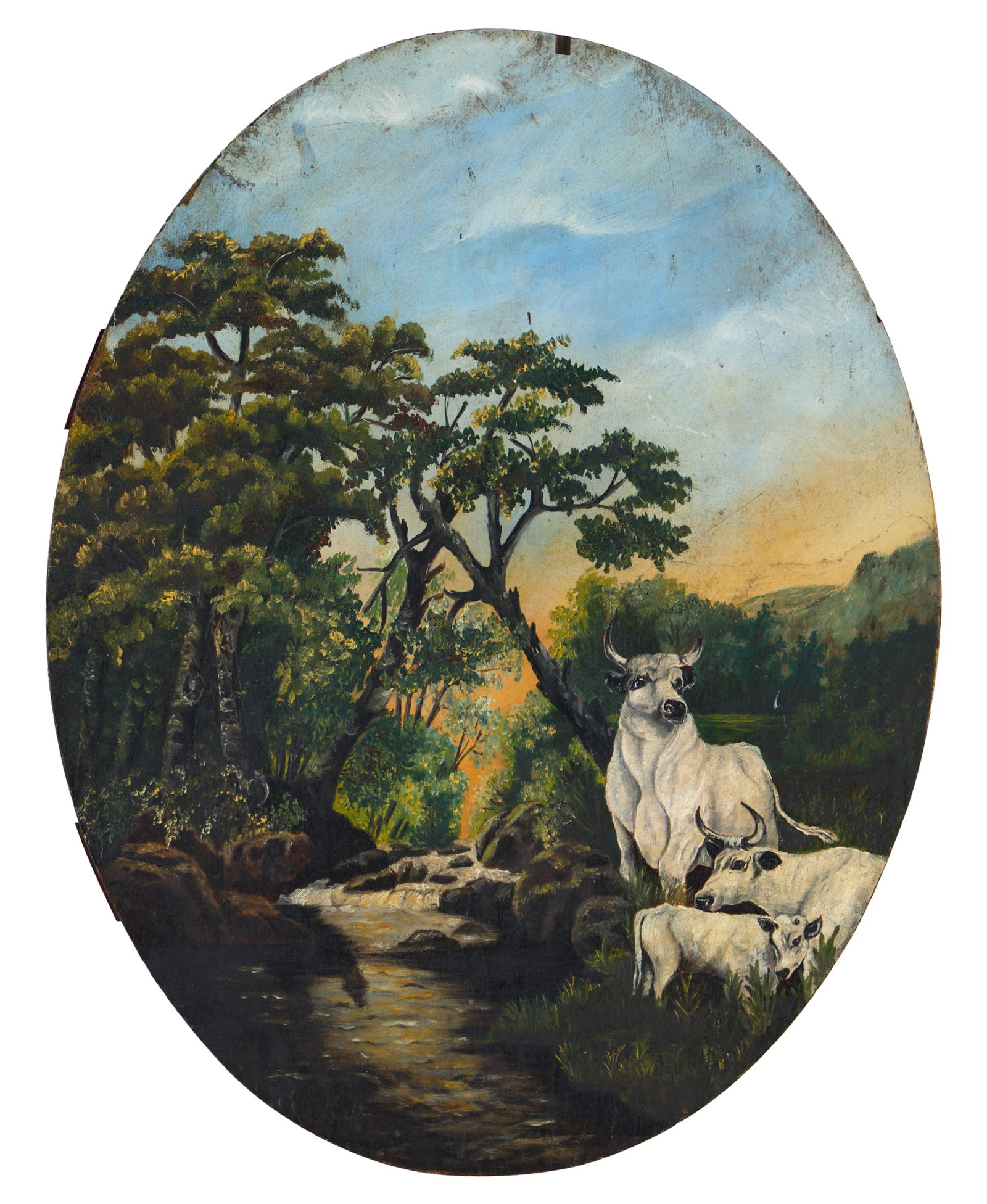 American School (20th Century), "Horned Cattle Near Mountain Stream," H.- 19 1/2 in., W.- 15 1/2 in.: American School (20th Century), "Horned Cattle Near Mountain Stream," oil on wood panel, unsigned, unframed, H.- 19 1/2 in., W.- 15 1/2 in.