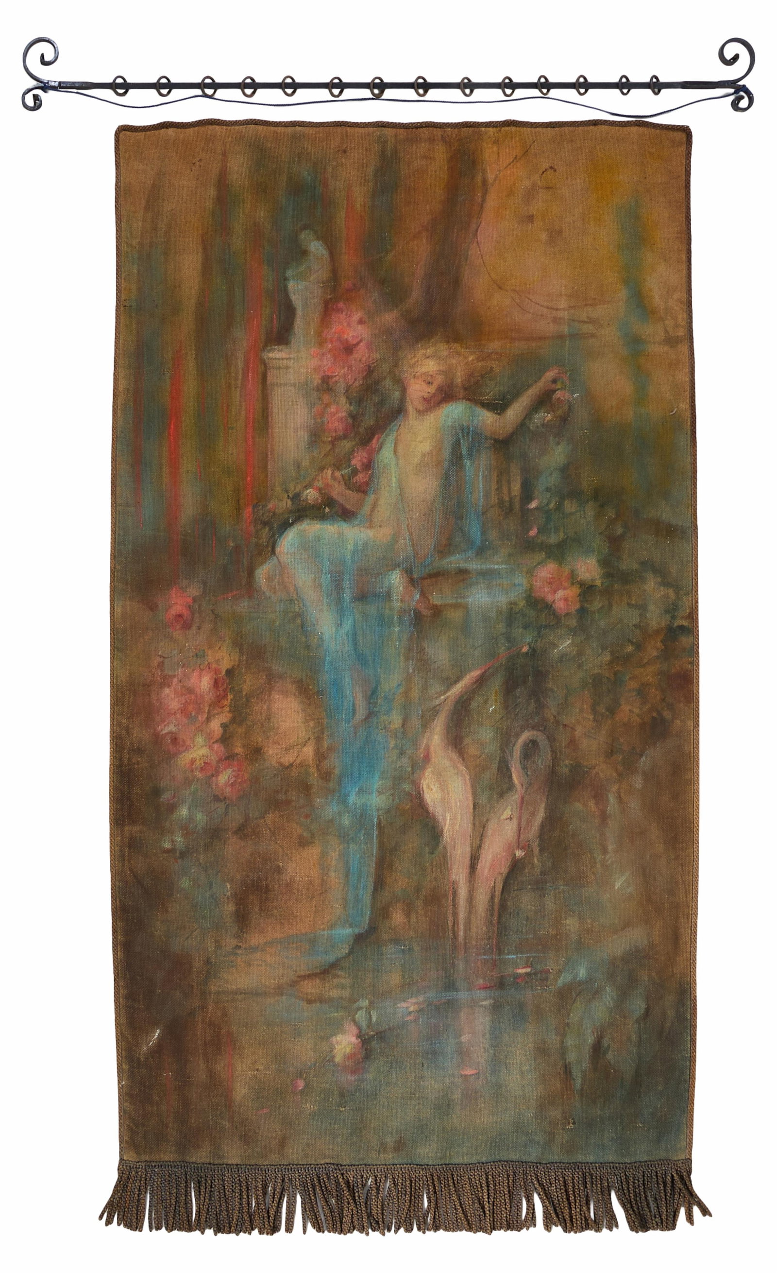 Hand Painted Fringed Tapestry, early 20th c., H.- 84 in., W.- 48 in. (1 of 3)