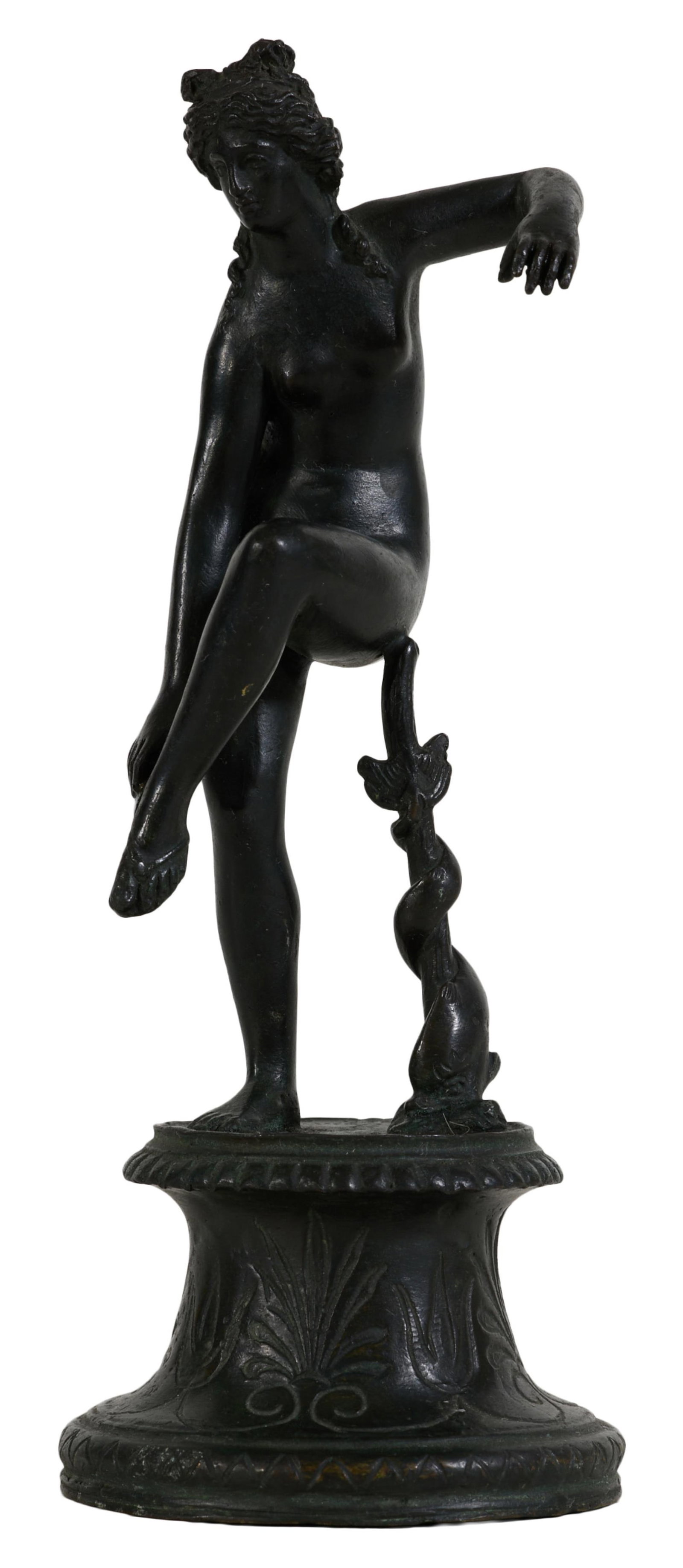 Giorgio Sommer (German/Italian, 1834-1914), "Venus Removing Her Sandals," H.- 7 in., Dia.- 2 3/4 in.: Giorgio Sommer (German/Italian, 1834-1914), "Venus Removing Her Sandals," patinated bronze, after the antique, inscribed "Giorgio Sommer, Napoli" on the integral base, H.- 7 in., Dia.- 2 3/4 in. Other