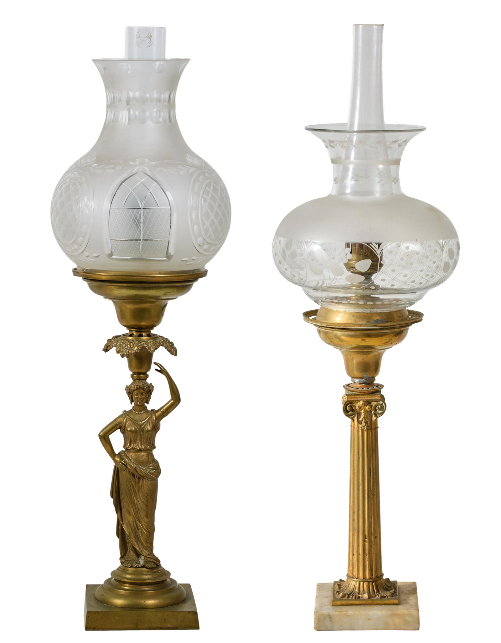 Two Pair of Solar Lamps, 19th c., Figural- H.-28 3/8 in., Base- W.- 5 3/8 in., D.- 5 3/8 in. (2: Two Pair of Solar Lamps, 19th c., consisting of a figural example, by Cornelius & Co., and a pedestal example on a white marble base, both with frosted glass shades, Figural- H.-28 3/8 in., Base- W.- 