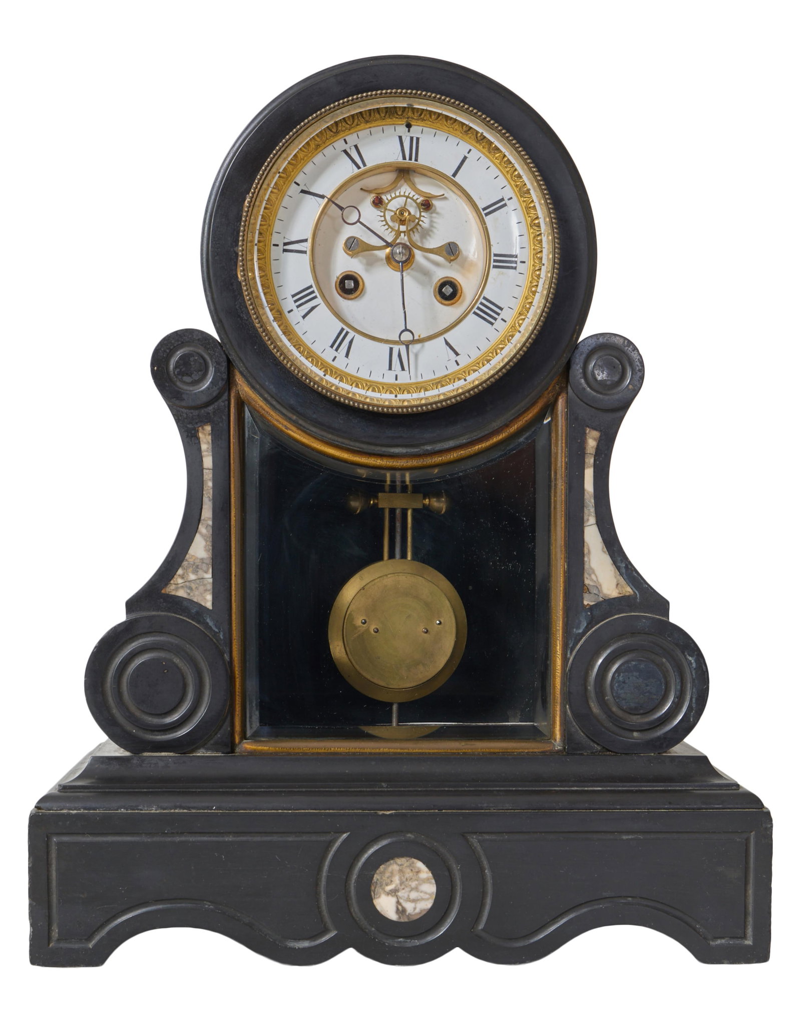 French Napoleon III Period Inlaid Black Marble Mantel Clock, 19th c., H.- 15 in., W.- 12 in., D.- 5 (1 of 5)
