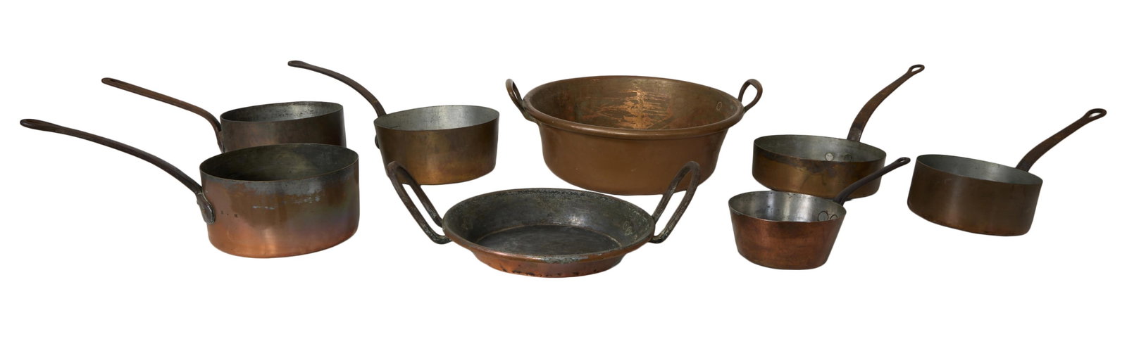 Group of Eight Decorative Copper Cooking Pots, 19th/20th c., Largest- H.- 8 in., W.- 20 in., D.-17 (1 of 3)