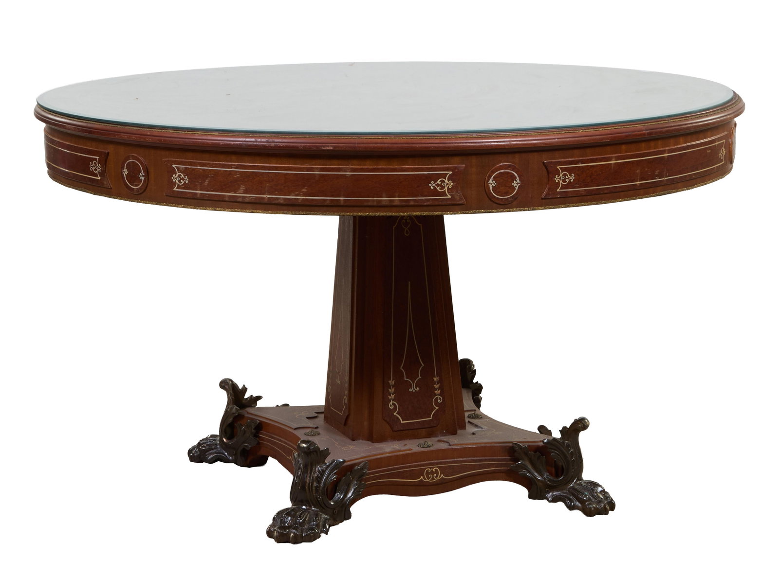 Large Ormolu Mounted Gilt Decorated Walnut Center Table, 20th c., H.- 31 3/4 in., Dia.- 54 1/2 in. (1 of 2)