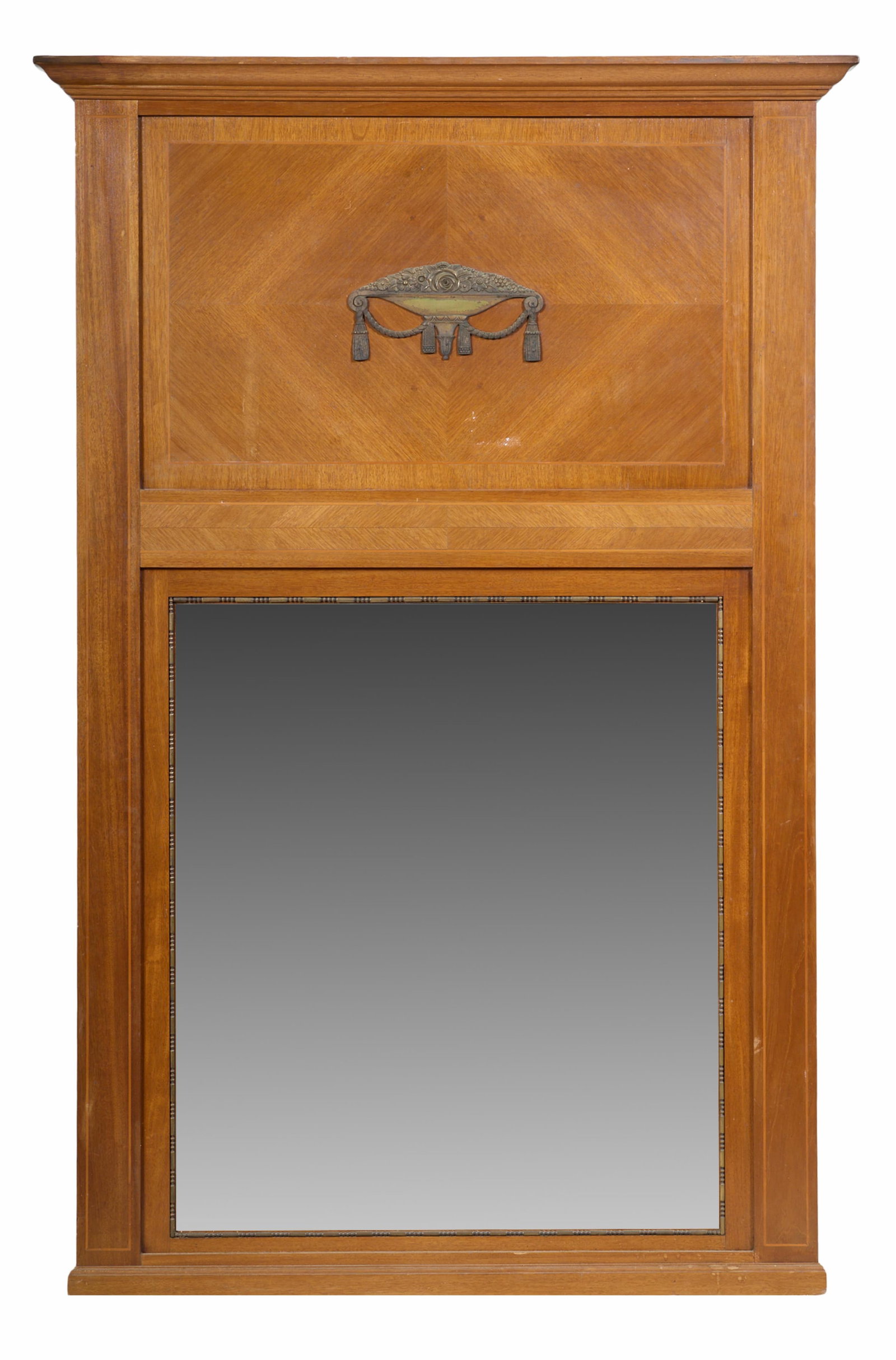 French Empire Style Ormolu Mounted Parquetry Mahogany Over Mantel Mirror, early 20th c., H.- 69 in., (1 of 1)