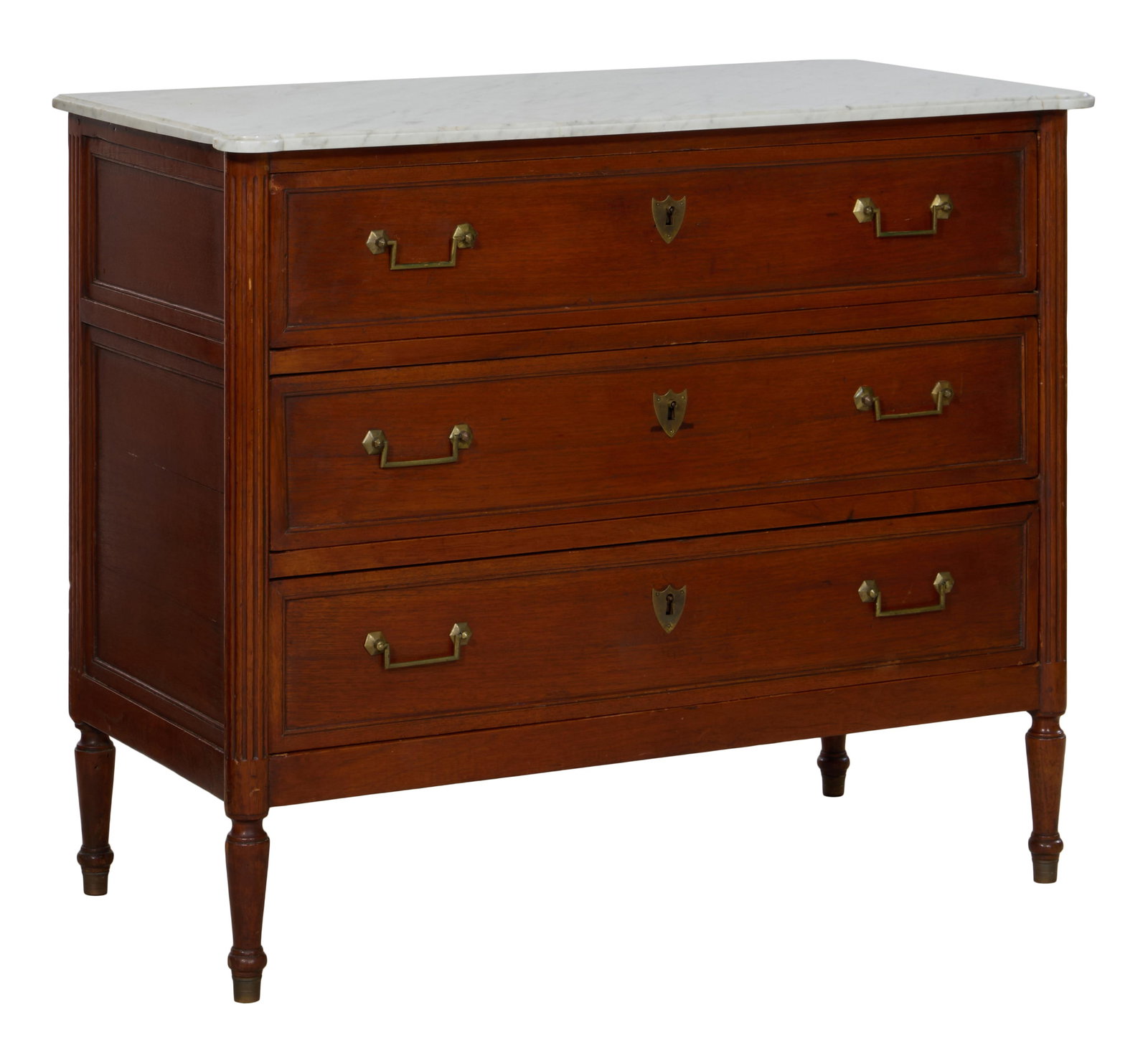 French Louis XVI Style Marble Top Walnut Commode, late 19th c., H.- 36 1/2 in., W.- 43 3/4 in., D.- (1 of 2)