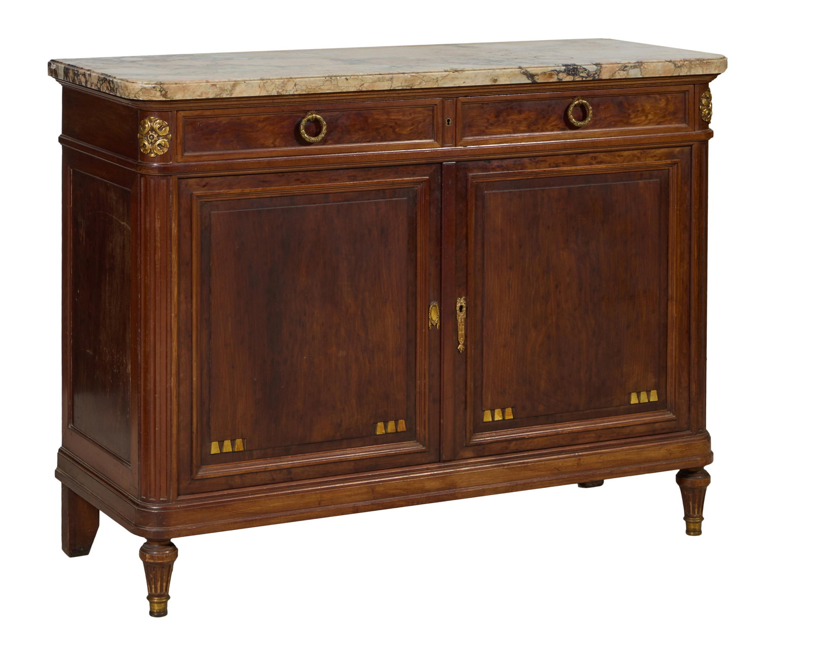 French Louis XVI Style Marble Top Ormolu Mounted Walnut Sideboard, late 19th c., H.- 40 3/4 in., W.- (1 of 2)