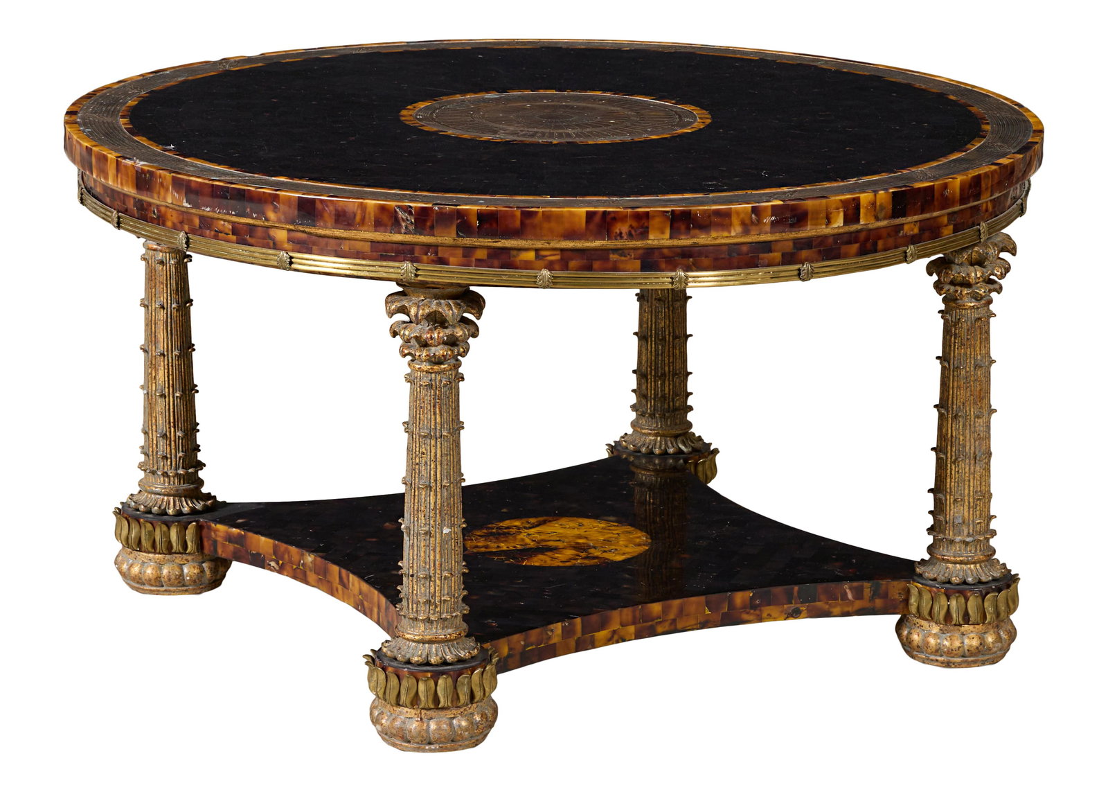 Italian Style Faux Tortoise Clad Gilt Brass Low Table, 20th c., H.- 22 in., Dia.- 40 1/4 in. (1 of 1)