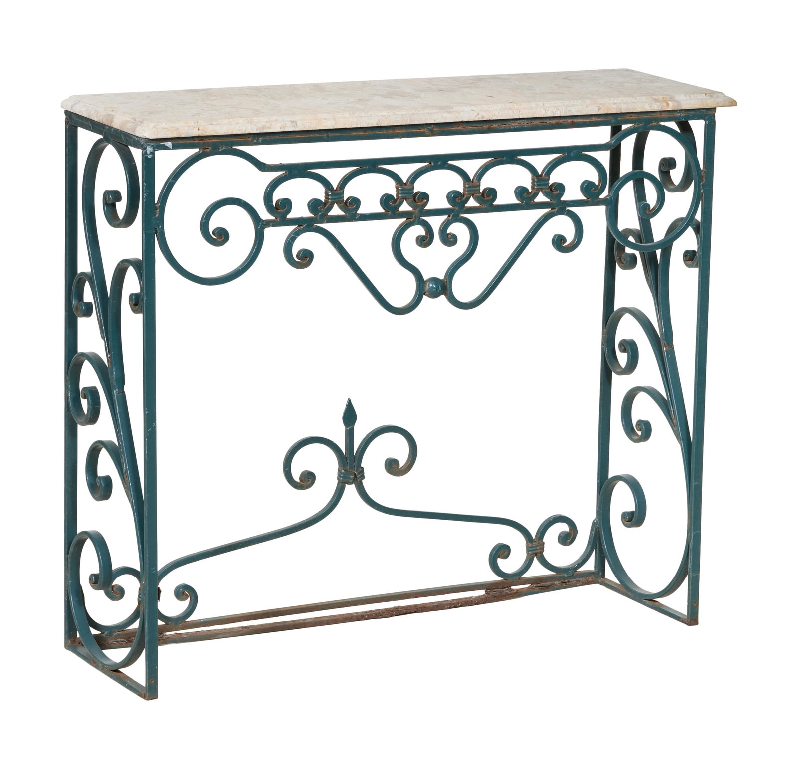 French Forged Iron and Marble Console, 20th c., H.- 34 1/2 in., W.- 40 in., D.- 13 3/4 in.: French Forged Iron and Marble Console, 20th c., the beige rectangular marble top over scroll decorated frieze flanked by scrolled sides, rear stretcher, H.- 34 1/2 in., W.- 40 in., D.- 13 3/4 in.