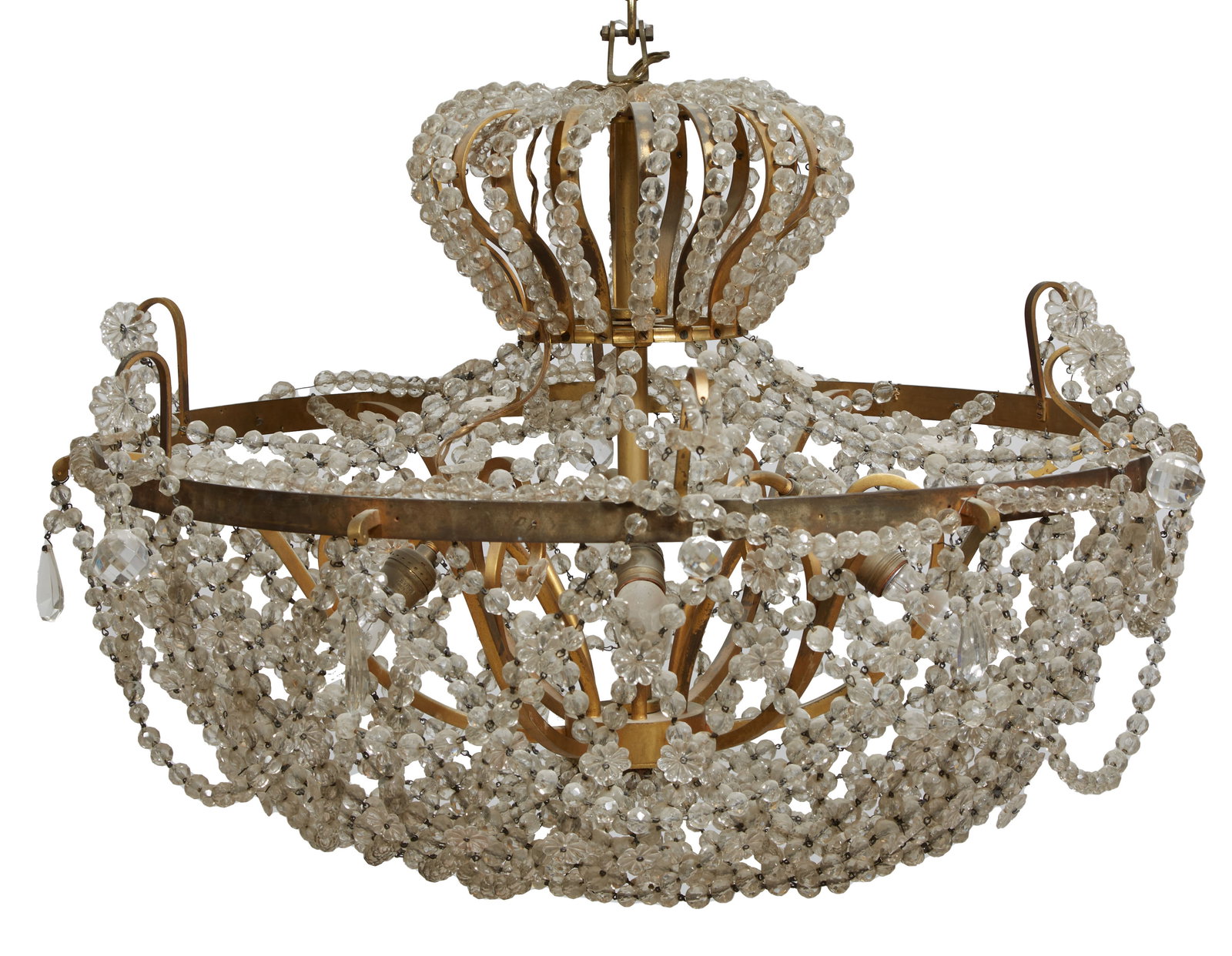 Large American Brass Prism Hung Six Light Basket Chandelier, 20th c., H.- 22 in., Dia.- 32 in. (1 of 1)