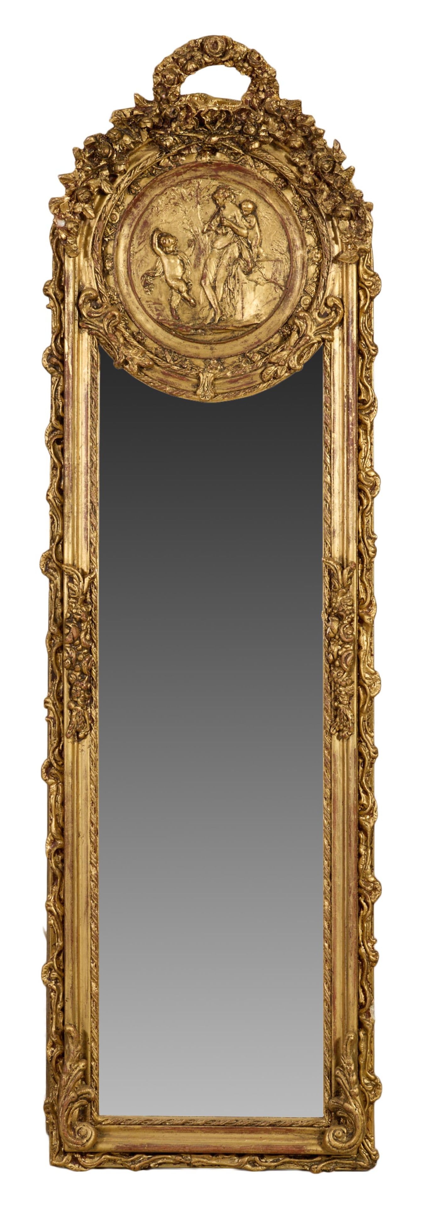 Louis XVI Style Gilt Rondelle Pier Mirror, 21st c., H.- 70 in., W.- 21 1/2 in. (1 of 2)