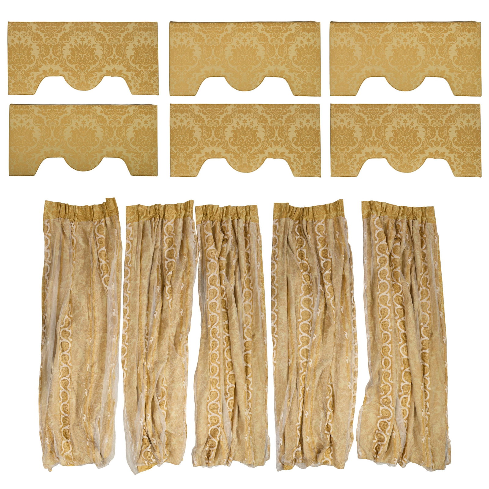 Six Gold Silk Damask Valences with Five Gold Silk Damask Drapery Panels, 20th c., Six Valances- H.- (1 of 5)