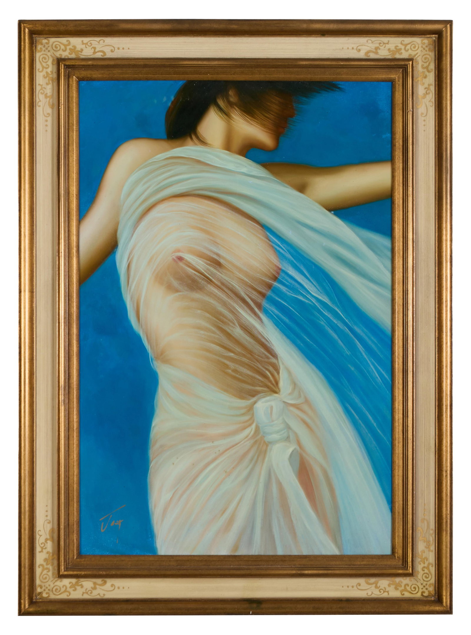 Chinese School (20th Century), "Nude Woman with Sheer Robe," H.- 36 in., W.- 24 in., Framed- H.- 45: Chinese School (20th Century), "Nude Woman with Sheer Robe," oil on canvas, signed "Jack" lower left, presented in a giltwood frame, H.- 36 in., W.- 24 in., Framed- H.- 45 in., W.- 32 1/2 in. Provenan