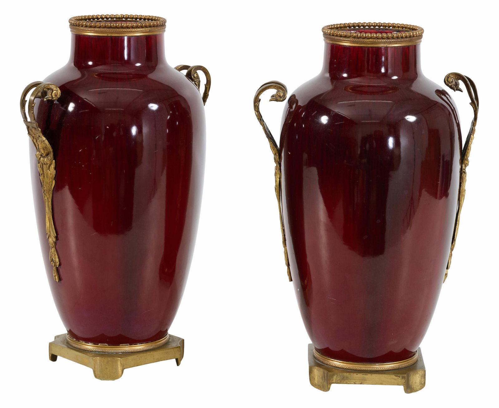 Pair of Large Paul Millet Bronze Mounted Oxblood Baluster Sevres Vases, 20th c., H.- 15 in., W.- 9 (1 of 3)