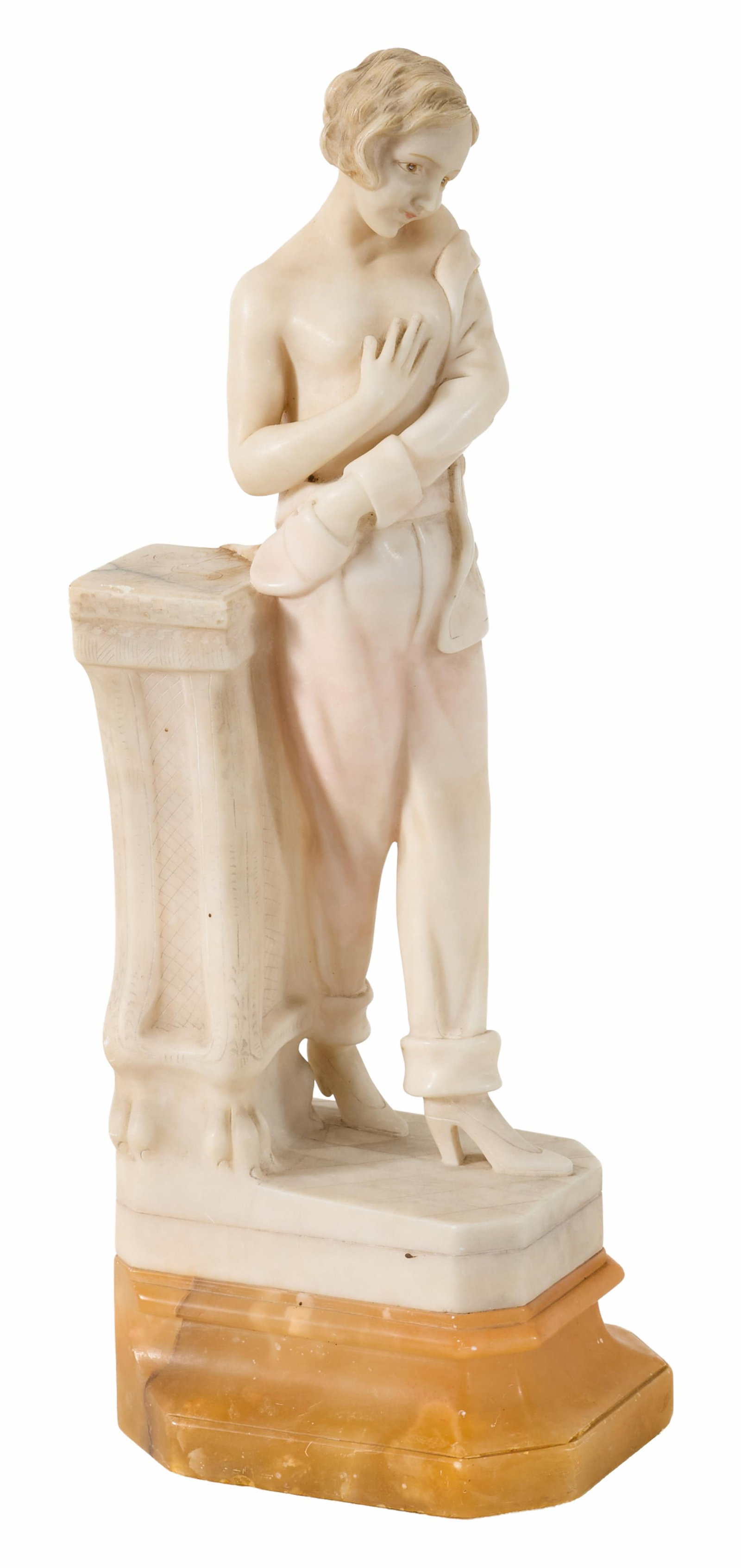 Guidi (Italian), Alabaster Sculpture, 20th c., H.- 19 in., W.- 5 1/2 in., D.- 7 in.: Guidi (Italian), Alabaster Sculpture, 20th c., of a half-naked woman wearing pants and high heels, on an ocher marble base, signed "Guidi" and inscribed "Made in Italy" en verso, H.- 19 in., W.- 5 1/2