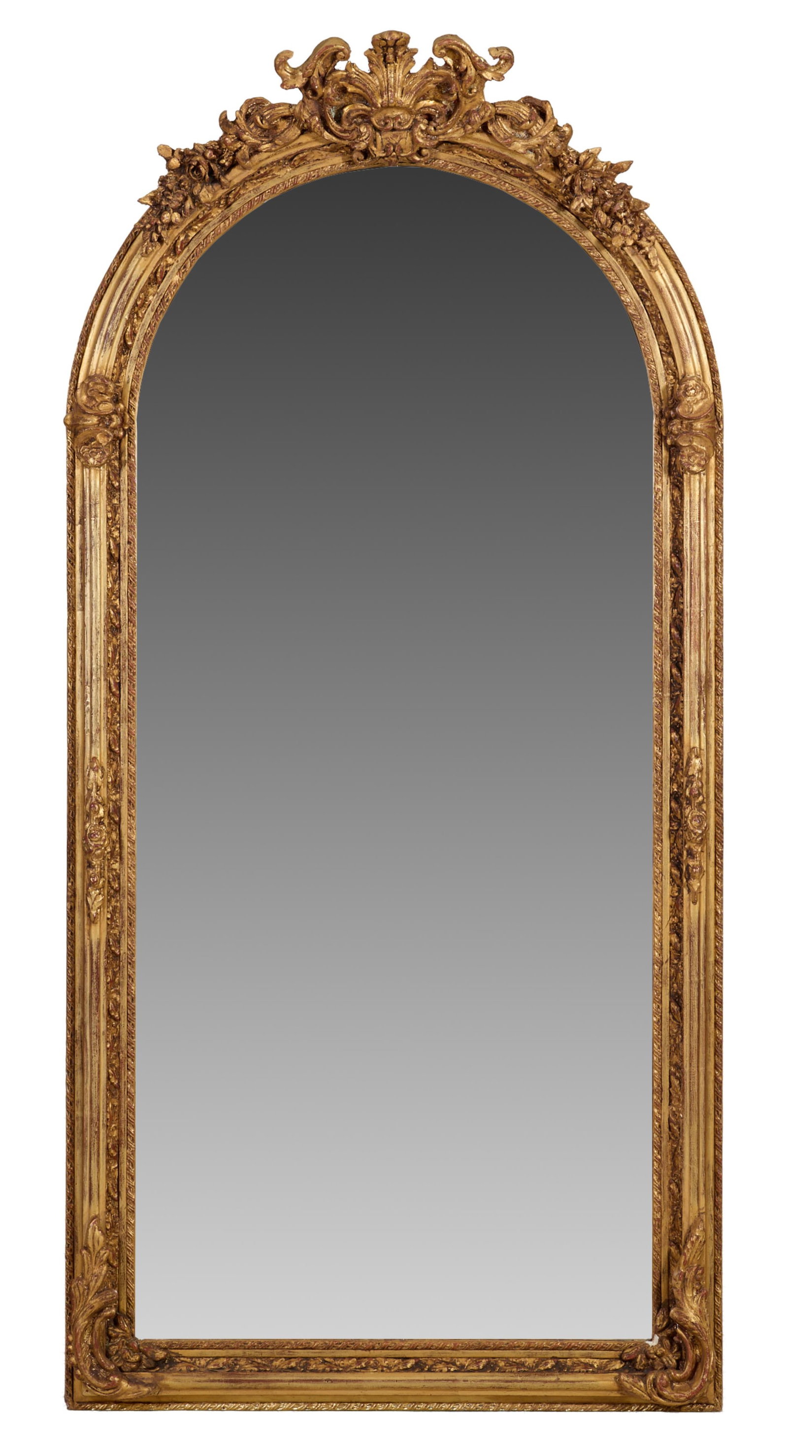 Louis XVI Inspired Arched Overmantel Mirror, 21st c., H.- 84 in., W.- 40 in.: Louis XVI Inspired Arched Overmantel Mirror, 21st c., anthemion crest with floral swags above arched surround, foliate mid lining, acanthus scroll base, H.- 84 in., W.- 40 in.