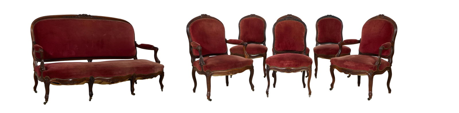 Six Piece French Louis XV Style Parlor Seating Group, early 20th c., Sofa- H.- 39 in., W.- 70 in., (1 of 4)