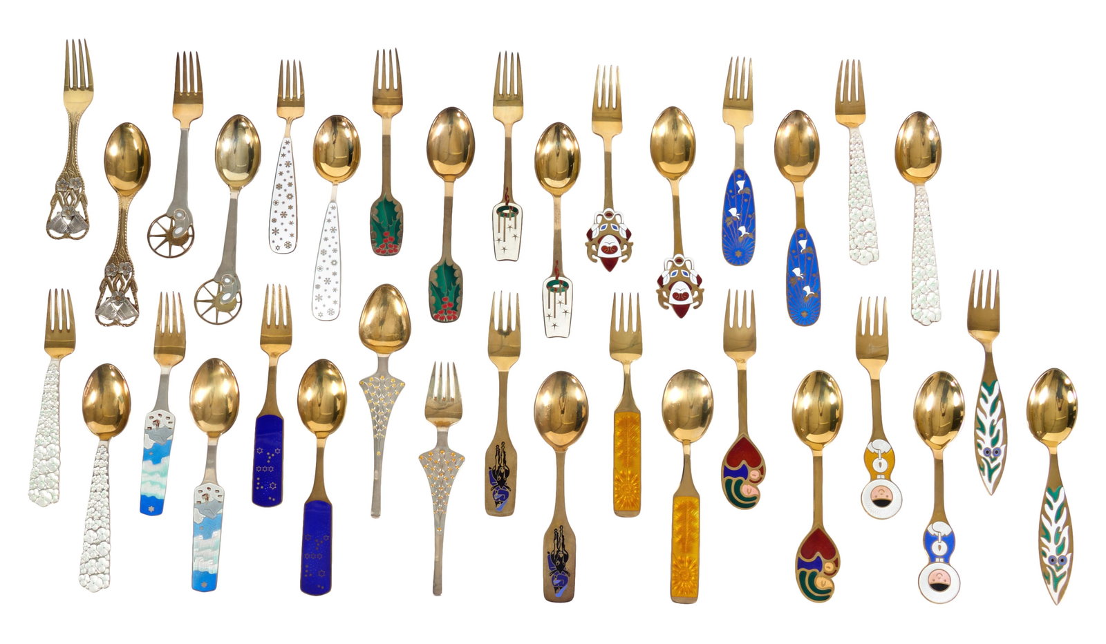 Thirty-Four Michelsen Enamel and Gilt Sterling Christmas Forks and Spoons, App. Total Wt.- 46.33: Thirty-Four Michelsen Enamel and Gilt Sterling Christmas Forks and Spoons, consisting of 17 pairs, including 1912 "Christmas Bells" by Poul U. Michelsen; 1942 "Madonna and Child" by Ib Lunding; 1945 "