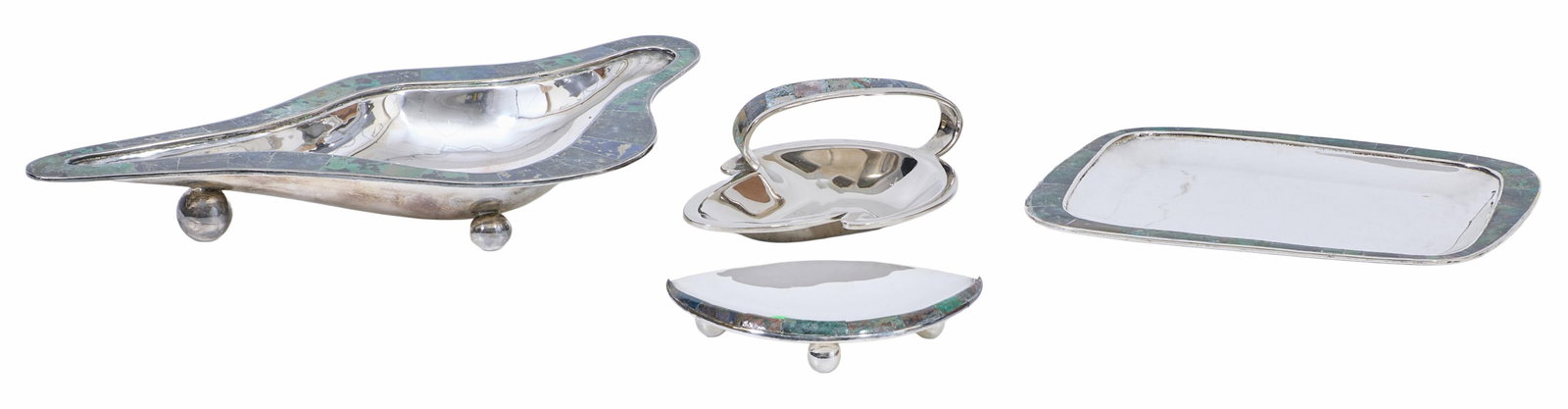 Group of Four Mexican Los Castillo Silverplate Stone Clad Dishes, 20th c., Largest- H.- 2 1/2 in., (1 of 2)