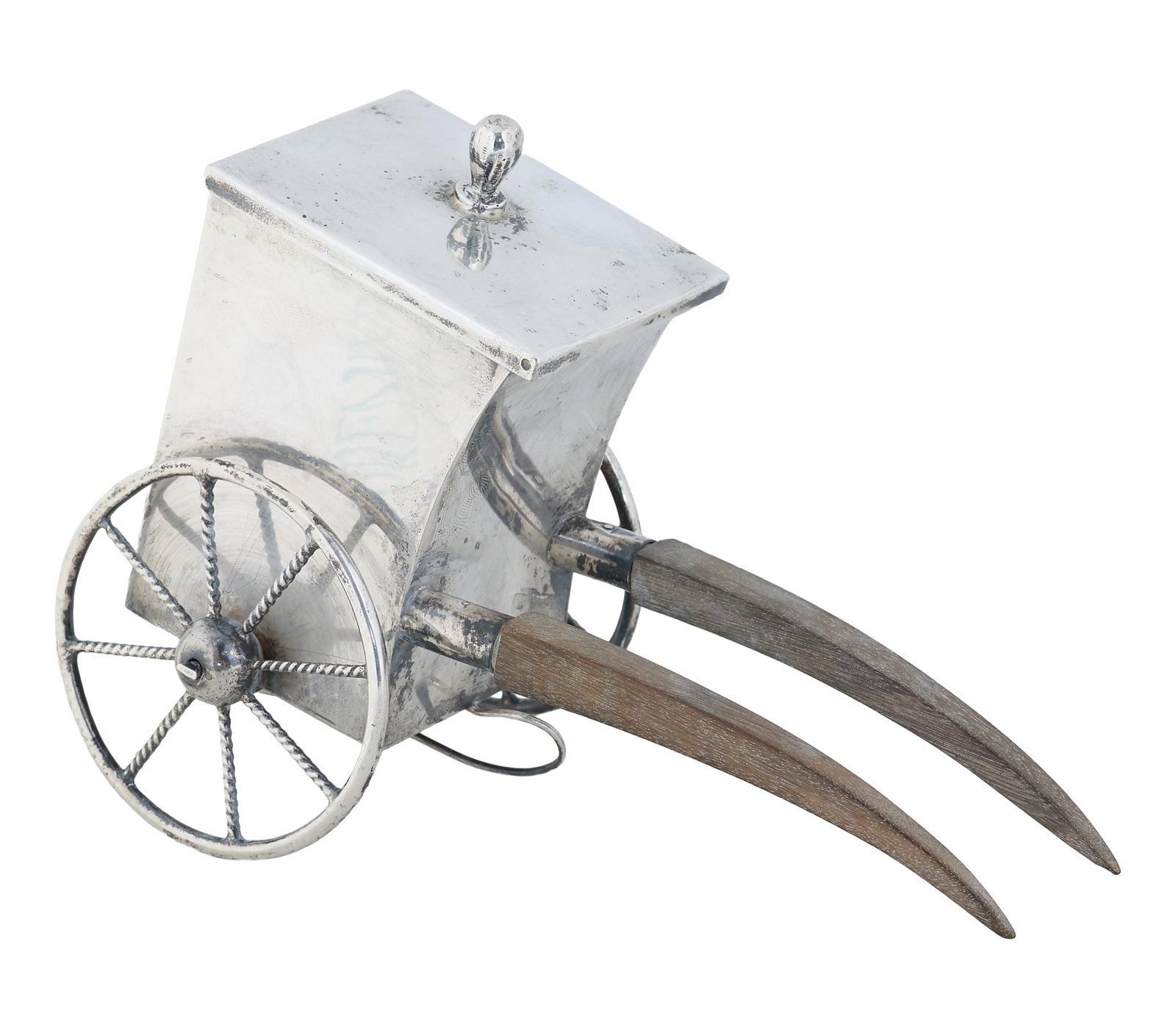 Unusual Mexican Sterling and Wood Tea Caddy, 20th c., App. Total Wt.- 7.95 Troy oz.; H.- 5 1/8 in.,: Unusual Mexican Sterling and Wood Tea Caddy, 20th c., in the form of a cart on wheels, with wooden handles, marked on base, App. Total Wt.- 7.95 Troy oz.; H.- 5 1/8 in., W.- 7 in., D.- 3 1/2 in.