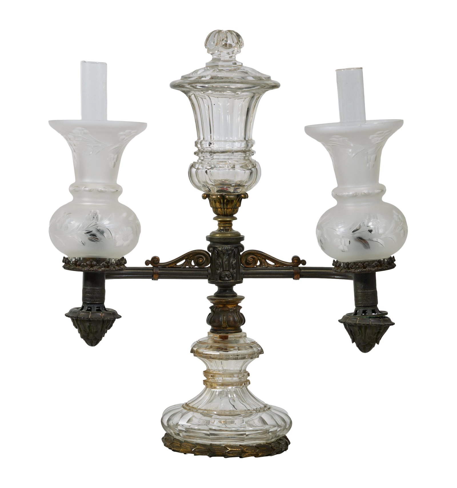 Patinated Bronze Double Arm Argand Lamp, 19th c., H.- 23 in., W.- 23 1/2 in., D.- 7 in. (1 of 4)