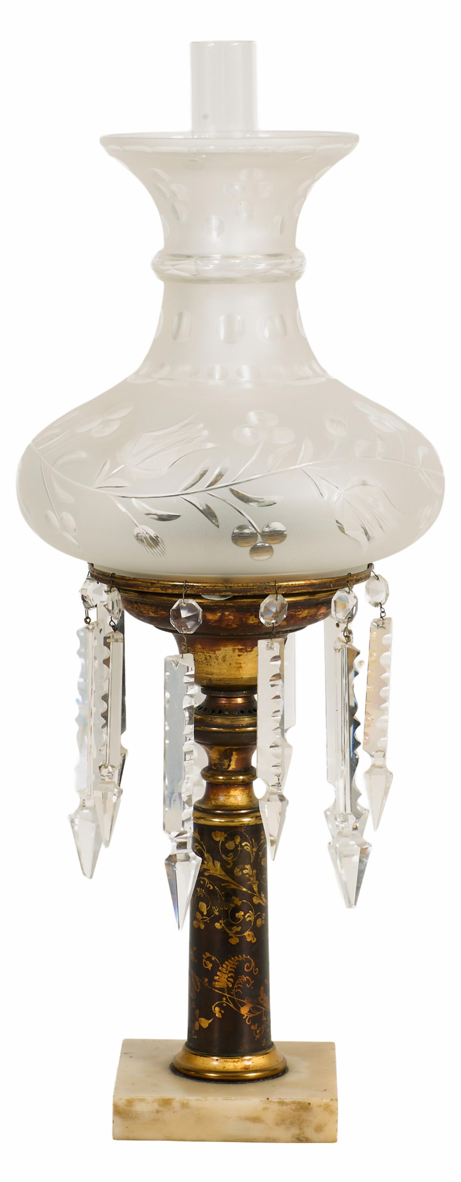 Bronze and Marble Prism Hung Astral Lamp, 19th c., H.- 25 in., W.- 9 1/4 in., D.- 9 1/4 in. (1 of 3)