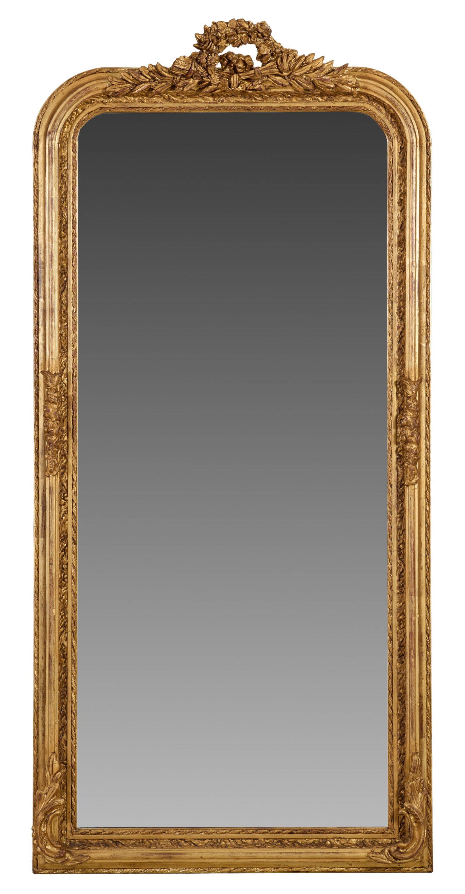 Louis XVI Style Gilt Overmantel Mirror, 21st c., H.- 84 in., W.- 40 in. (1 of 2)