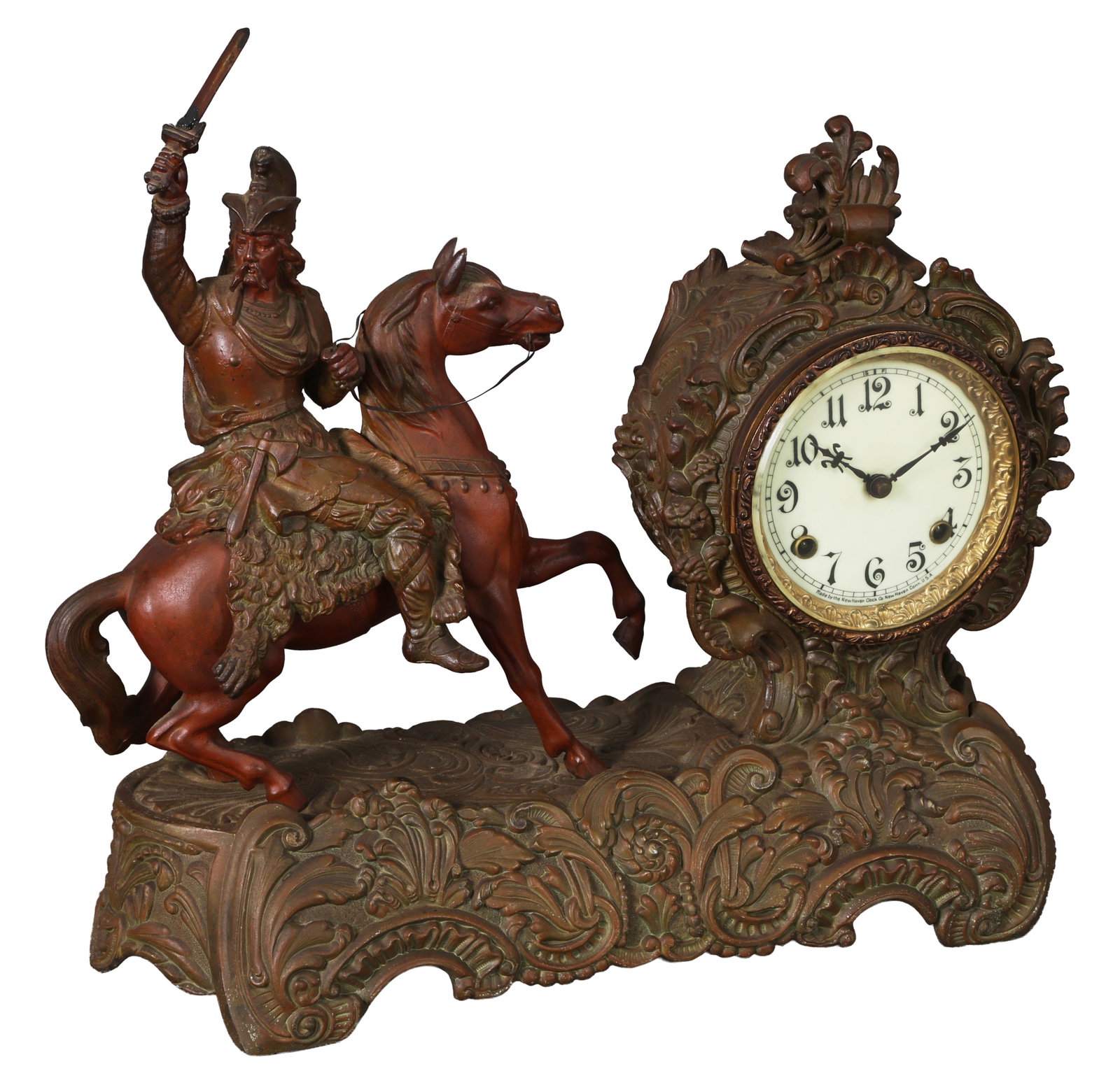 Large Patinated Spelter Figural Time and Strike Mantel Clock, c. 1900, H.- 16 3/4 in., W.- 18 in.,: Large Patinated Spelter Figural Time and Strike Mantel Clock, c. 1900, with a horse and sword wielding warrior, with pendulum, H.- 16 3/4 in., W.- 18 in., D.- 6 3/4 in.