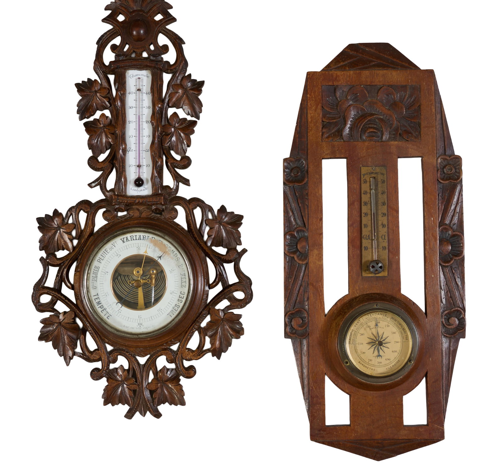 Two Mahogany Aneroid Barometers, 20th c., Deco- H.- 19 1/8 in., W.- 8 1/2 in., D.- 2 1/2 in.; Leaf- (1 of 1)