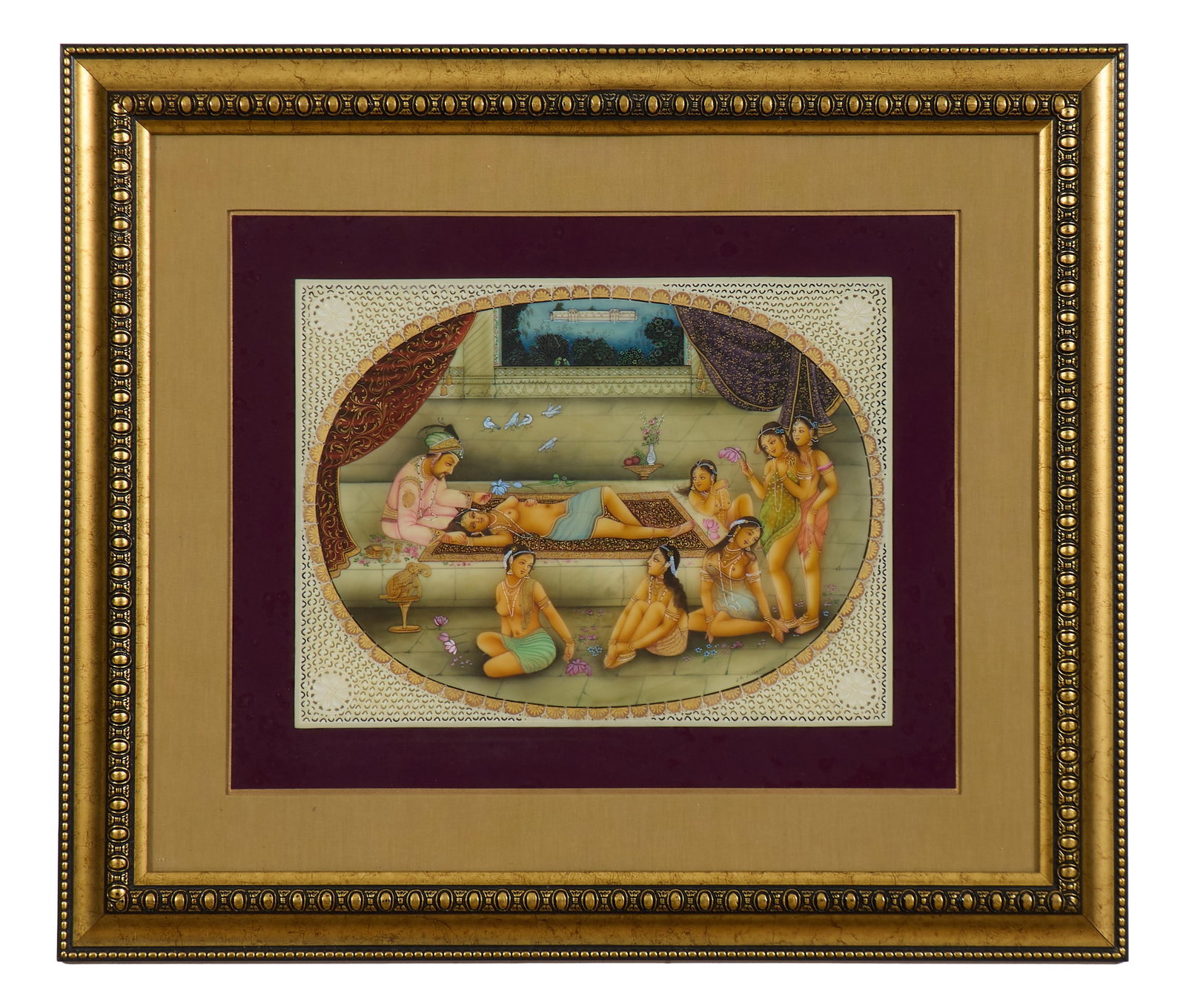 J.R. Sharma (Indian, 20th Century), "The Harem," H.- 9 in., W.- 12 in., Framed- H.- 18 1/4 in., W.-: J.R. Sharma (Indian, 20th Century), "The Harem," oil on pierced faux ivory panel, signed lower right, presented in a gilt double sided frame, H.- 9 in., W.- 12 in., Framed- H.- 18 1/4 in., W.- 21 1/4 