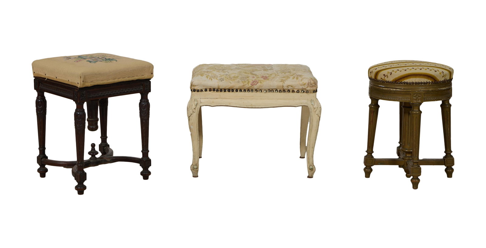Three French Piano Stools, late 19th c., Rectangular- H.- 17 1/4 in., W.- 22 1/4 in., D.- 15 1/2 in. (1 of 4)