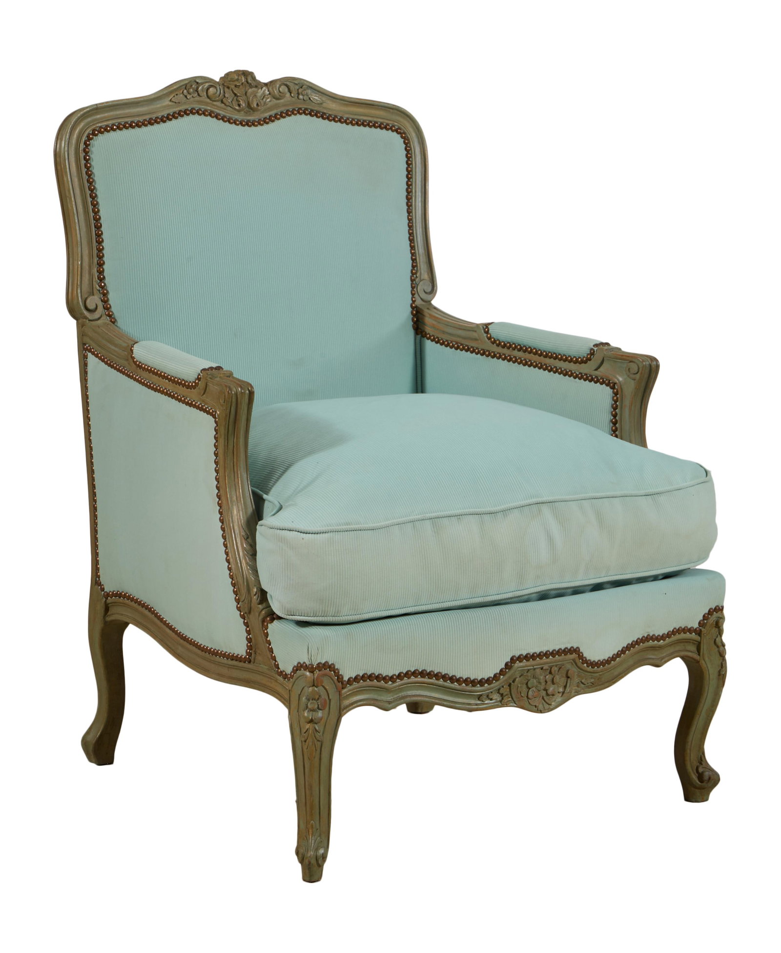 French Louis XV Style Vert Peinte Berger, mid 20th c., H.- 39 1/2 in., W.- 30 in., D.- 26 in.: French Louis XV Style Vert Peinte Berger, mid 20th c., the floral carved crest over upholstered back, into padded scrolled arms, loose seat cushion, floral carved seat rail joining scrolled raised cab