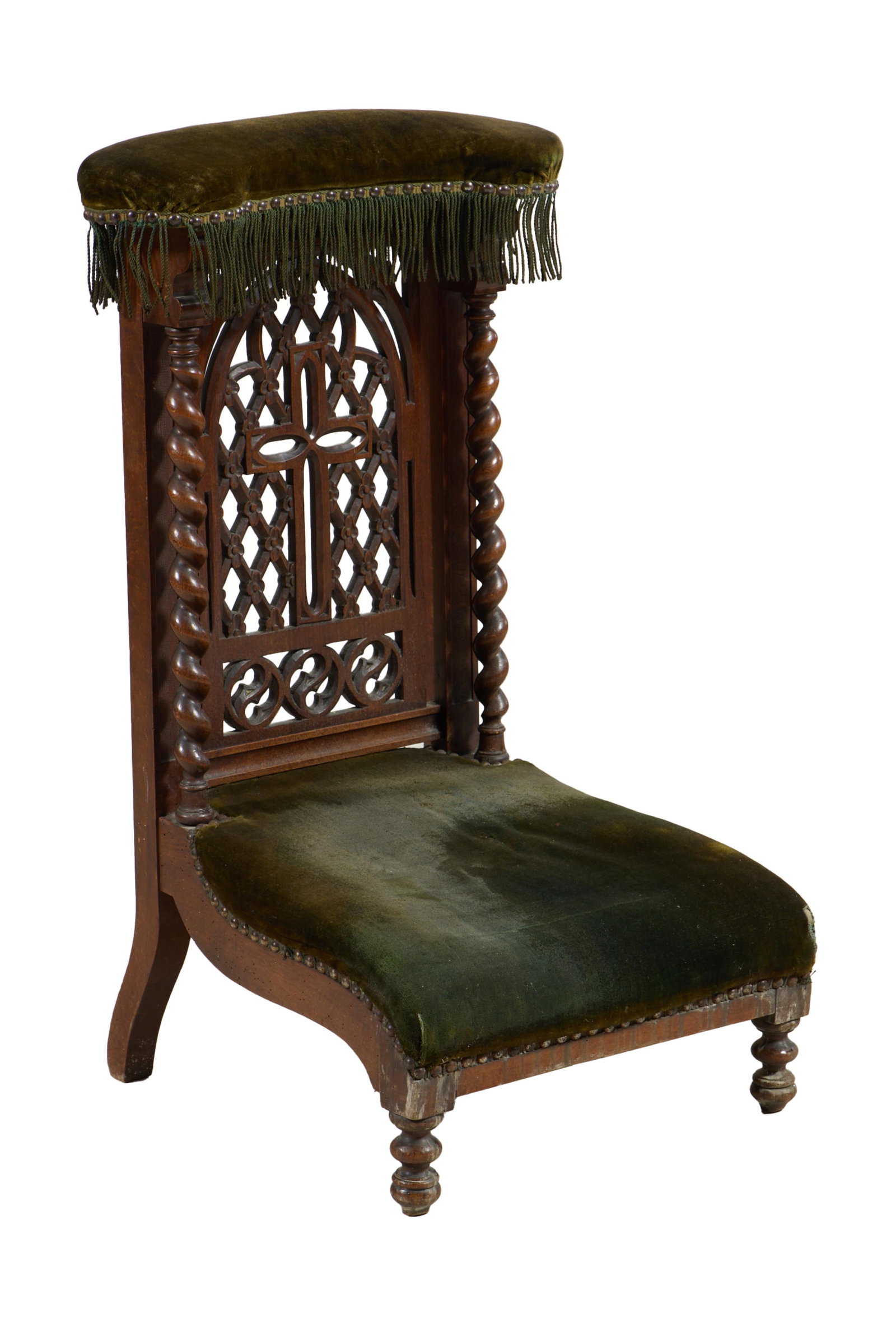 French Napoleon III Carved Walnut Prie Dieu, late 19th c., H.- 34 1/2 in., W.- 20 in., D.- 20 in.: French Napoleon III Carved Walnut Prie Dieu, late 19th c., the oblong velvet upholstered armrest with fringe over an arched pierced cross panel flanked by barley twist columnar stiles, sloped kneeler 