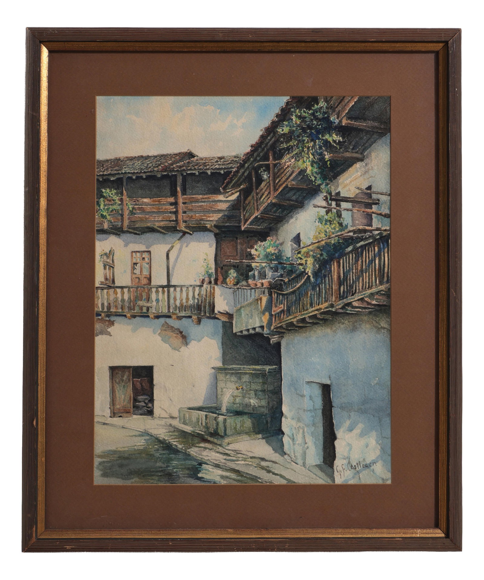 George Frederick Castleden (English/Louisiana, 1861-1945), "Spanish Style Interior Courtyard and: George Frederick Castleden (English/Louisiana, 1861-1945), "Spanish Style Interior Courtyard and Fountain," watercolor on paper, signed lower right, presented in a brown mat and wood frame, Sight- H.-