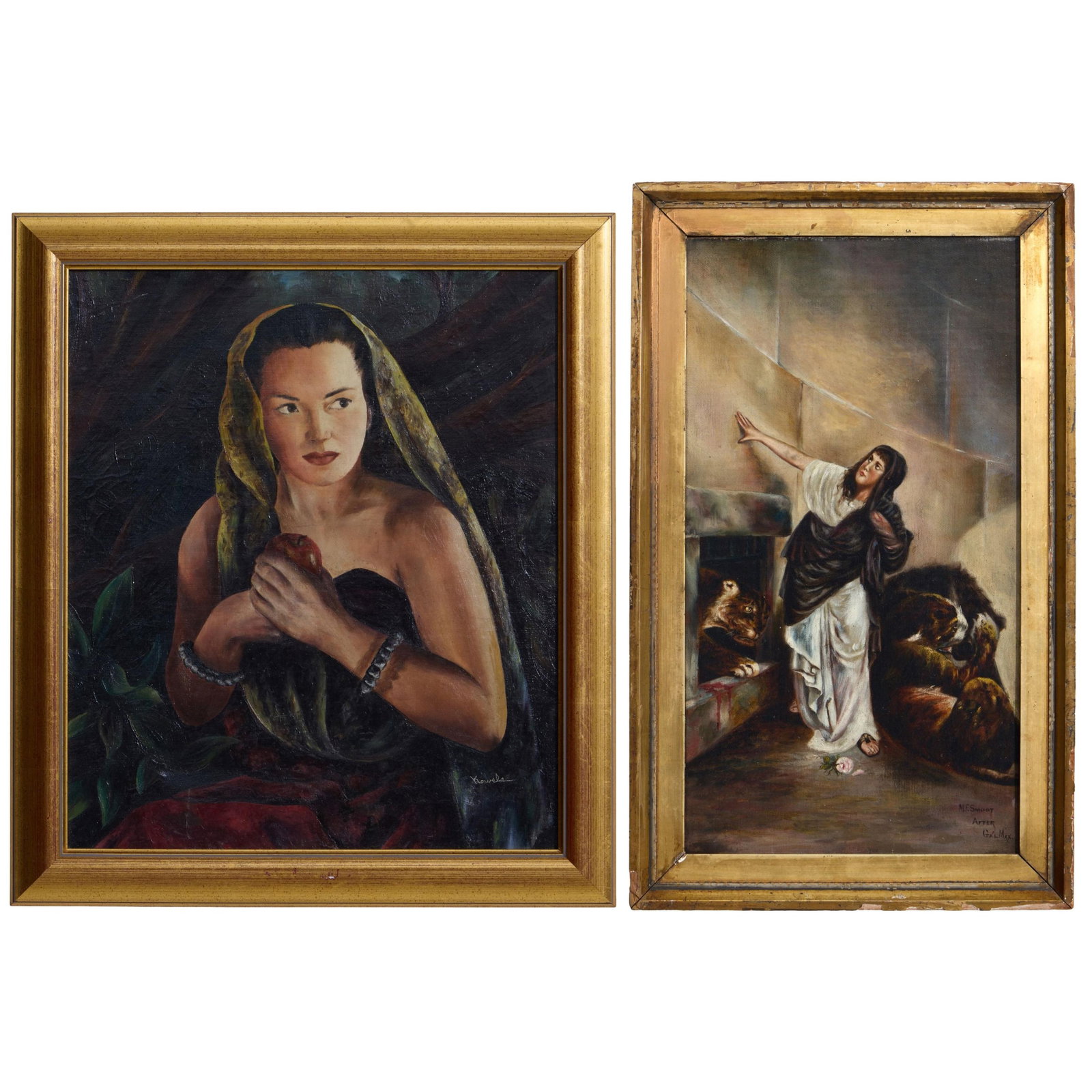 American School (Mid-20th Century), Two Theatrical Paintings, "Seductress with Apple," and "Woman in (1 of 9)