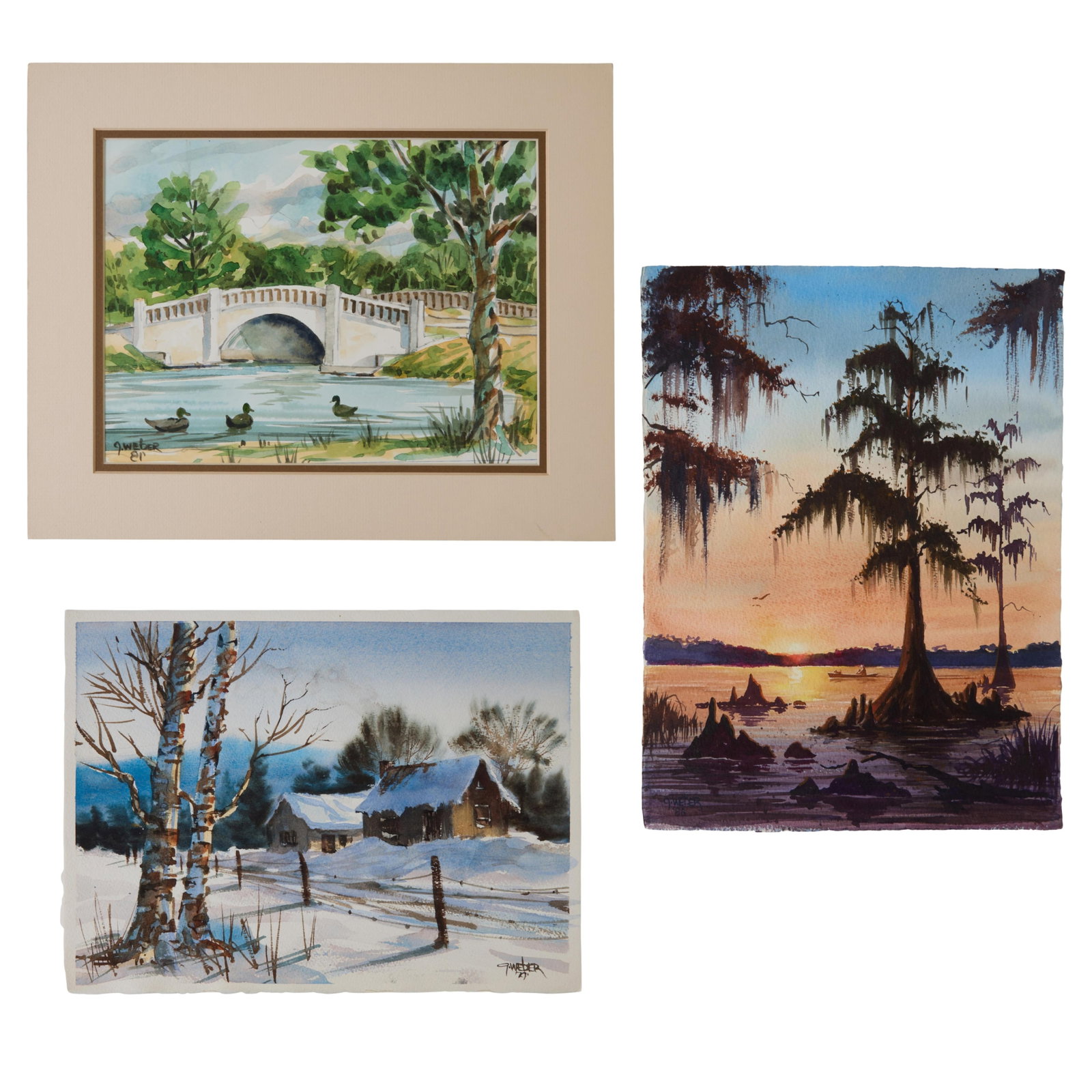 Glen Weber (American/Louisiana, 20th/21st Century), Three Watercolor Landscapes on Paper, Each- H.- (1 of 11)