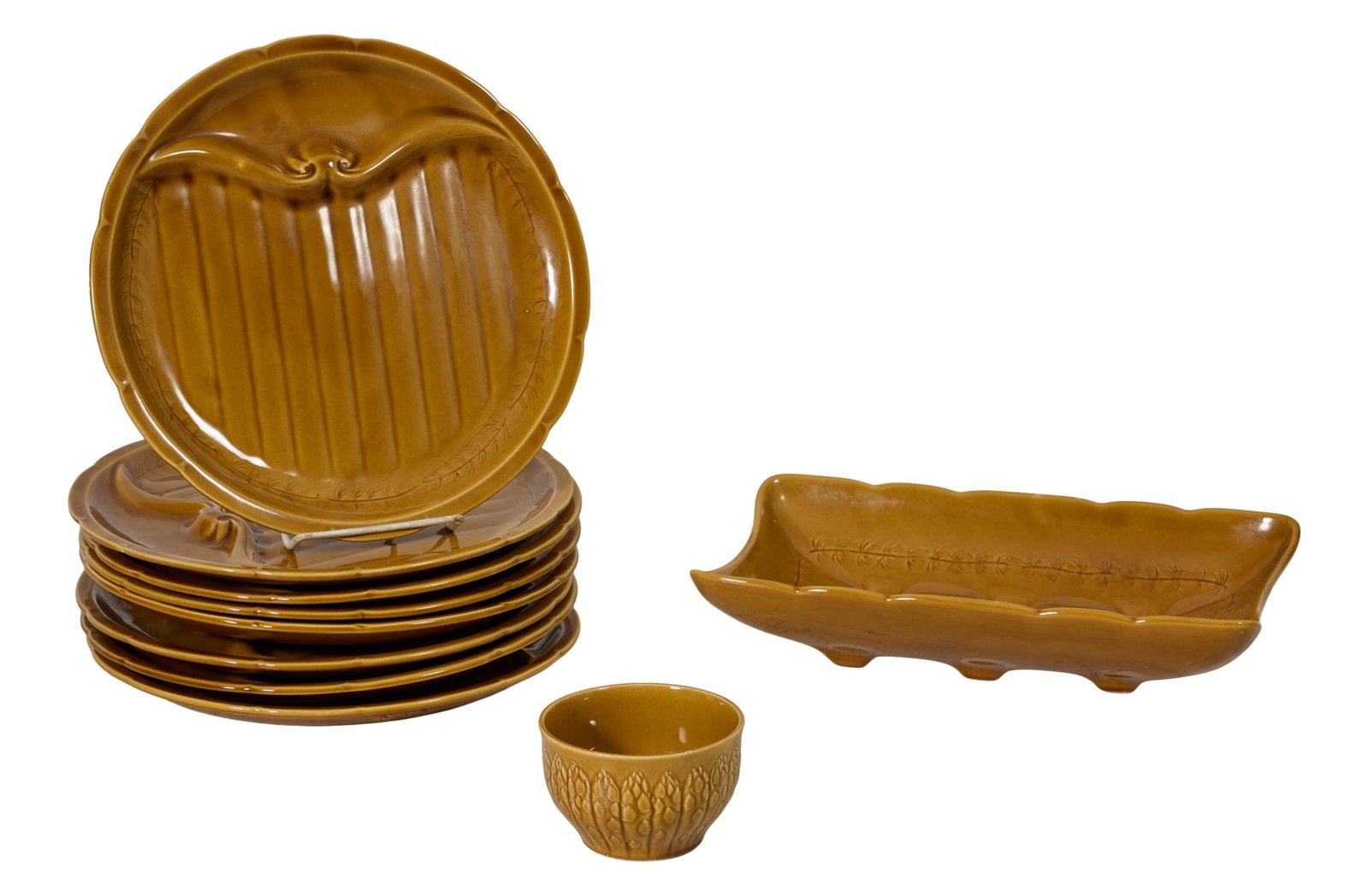Ten Piece French Asparagus Service, mid 20th c., Tray- H.- 2 1/4 in., W.- 12 in., D.- 7 in.; Cup- (1 of 2)