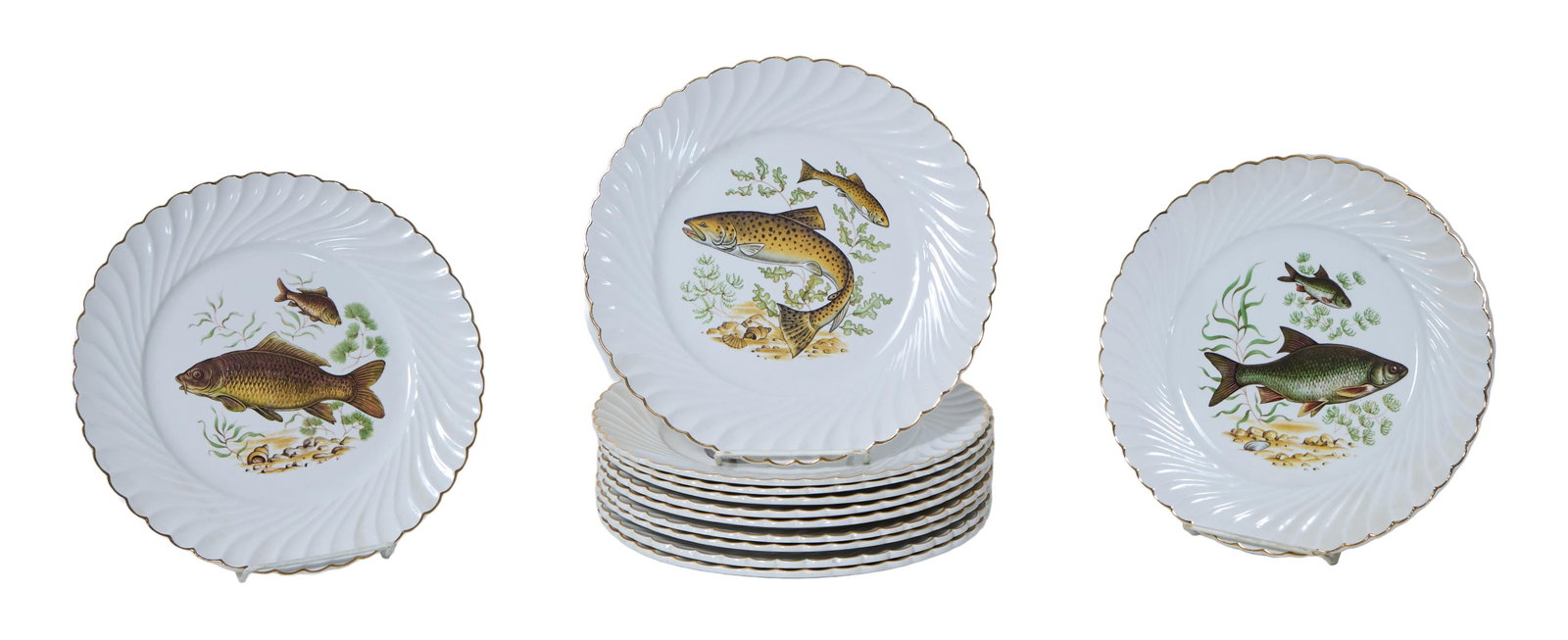 Twelve-Piece French Earthenware Fish Set, Lunéville, France, early 20th c., Plate (ea.)- H.- 5/8: Twelve-Piece French Earthenware Fish Set, Lunéville, France, early 20th c., consisting of 12 scalloped gilt-rimmed plates with various fish decoration, each marked "KG-crown," "LUNEVILLE-BADONVILLER,