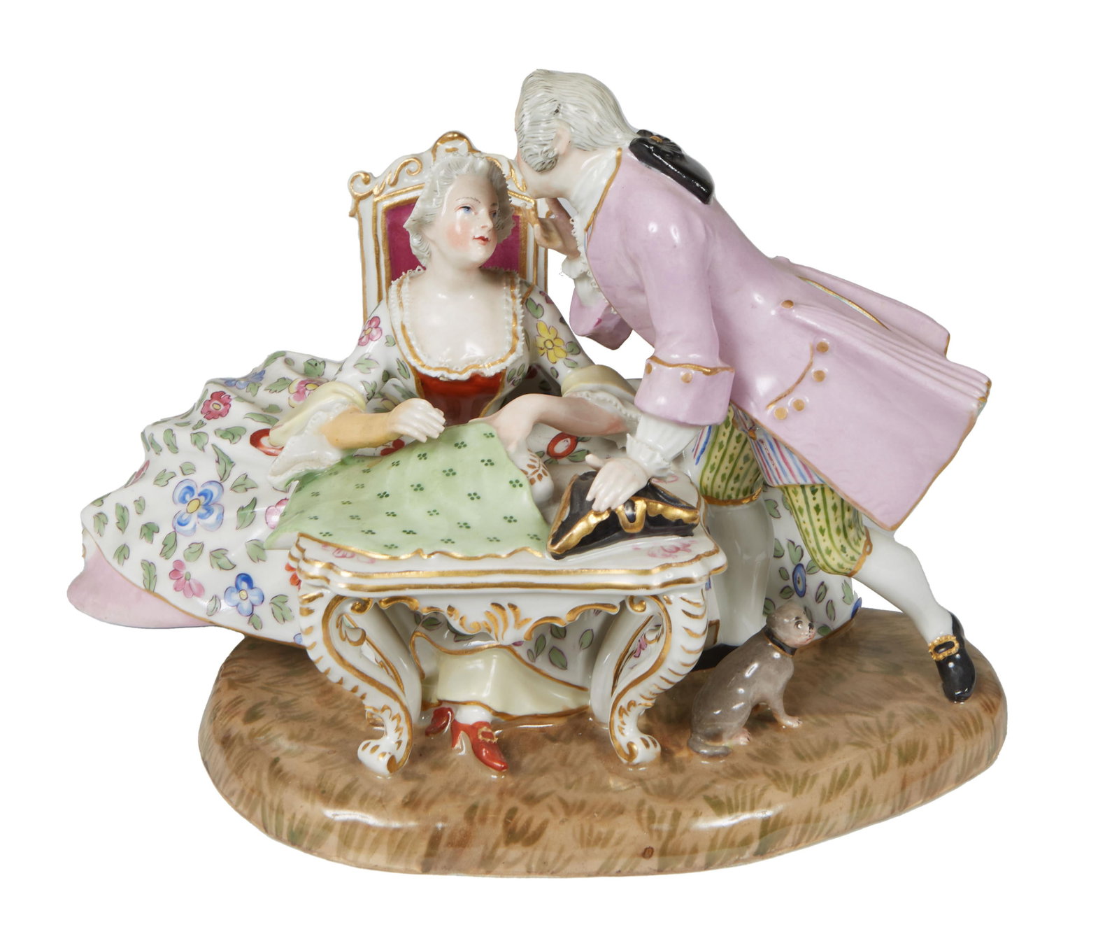 Meissen or Samson Courting Couple Figural Group, 20th c., H.- 7 in., W.- 9 1/2 in., D.- 5 3/4 in. (1 of 1)