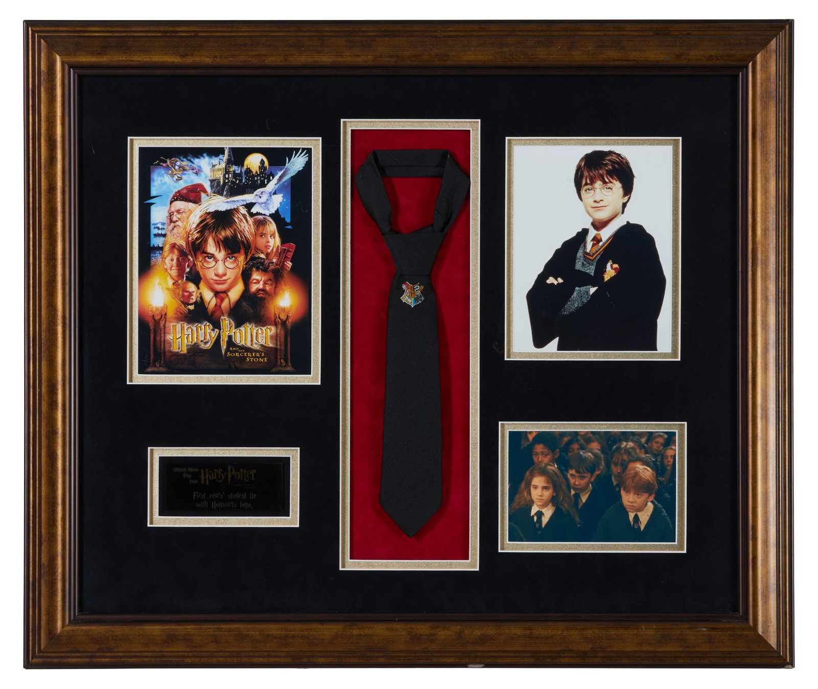 Harry Potter Memorabilia from "The Sorcerer's Stone (2001)," Overall- H.- 32 in., W.- 27 in.: Harry Potter Memorabilia from "The Sorcerer's Stone (2001)," with First Year Student tie prop, presented with a still from the movie of the boys wearing their school ties, a color promo shot of Radcli