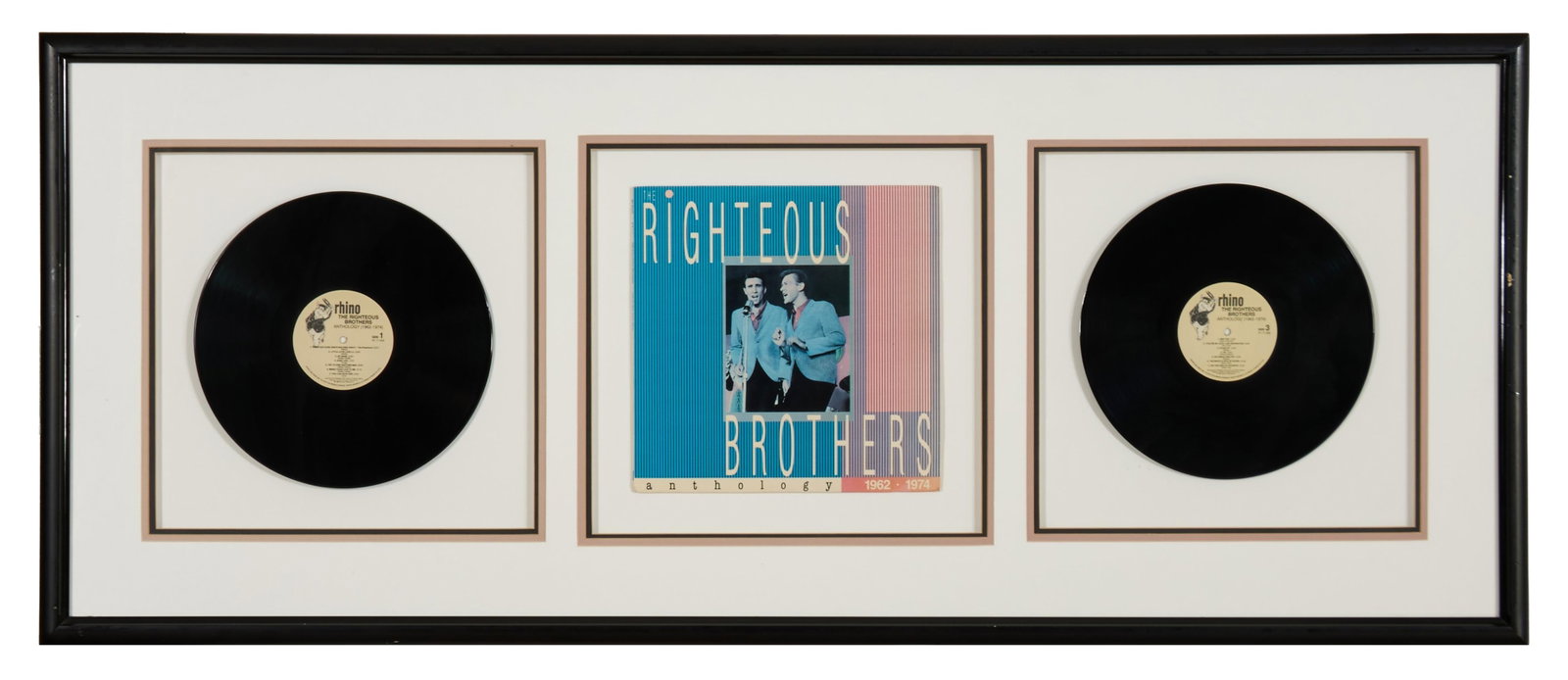 Righteous Brothers "Anthology" Memorabilia, Overall- H.- 24 3/4 in., W.- 59 1/2 in.: Righteous Brothers "Anthology" Memorabilia, the two set Rhino Records LP presented with the album cover, in a black wood frame with plexiglass, Overall- H.- 24 3/4 in., W.- 59 1/2 in. Provenance: The 