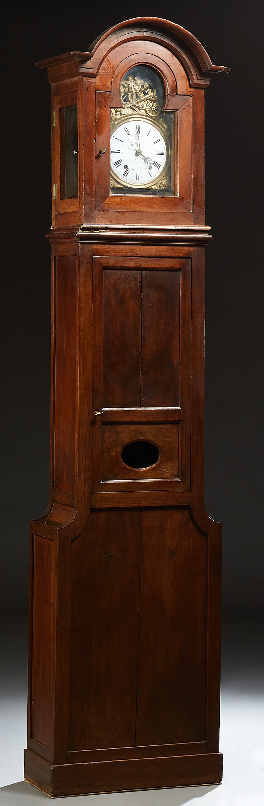 French Provincial Carved Walnut Tallcase Calendar Clock, 19th c., H.- 104 in., W.- 25 in., D.- 10 (1 of 1)