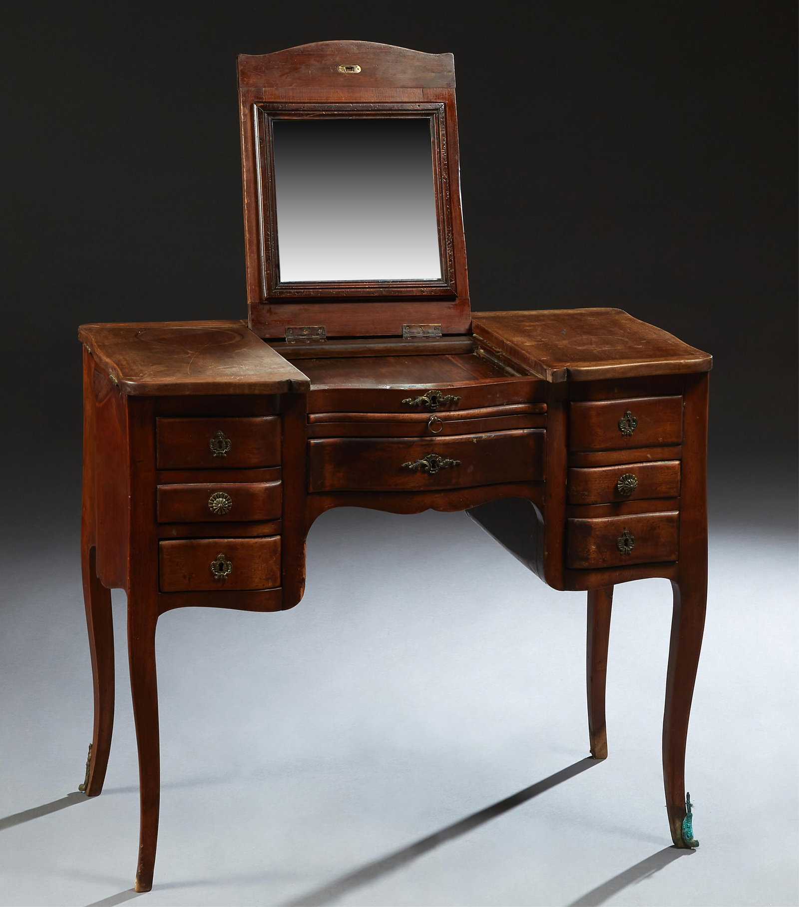 French Louis XV Style Carved Mahogany Dressing Table, early 20th c., H.- Open- H.- 45 in., Closed- (1 of 2)