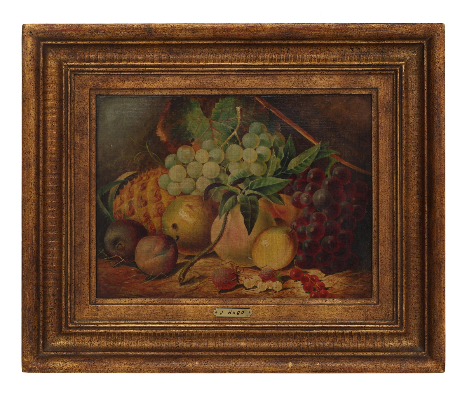 J Hugo (Continental School), "Still Life of Fruit," H.- 9 in., W.- 12 in., Framed H.- 14 1/4 in.,: J Hugo (Continental School), "Still Life of Fruit," oil on canvas, signed lower left, with an artist plaque en verso, presented in a giltwood frame, H.- 9 in., W.- 12 in., Framed H.- 14 1/4 in., W.-