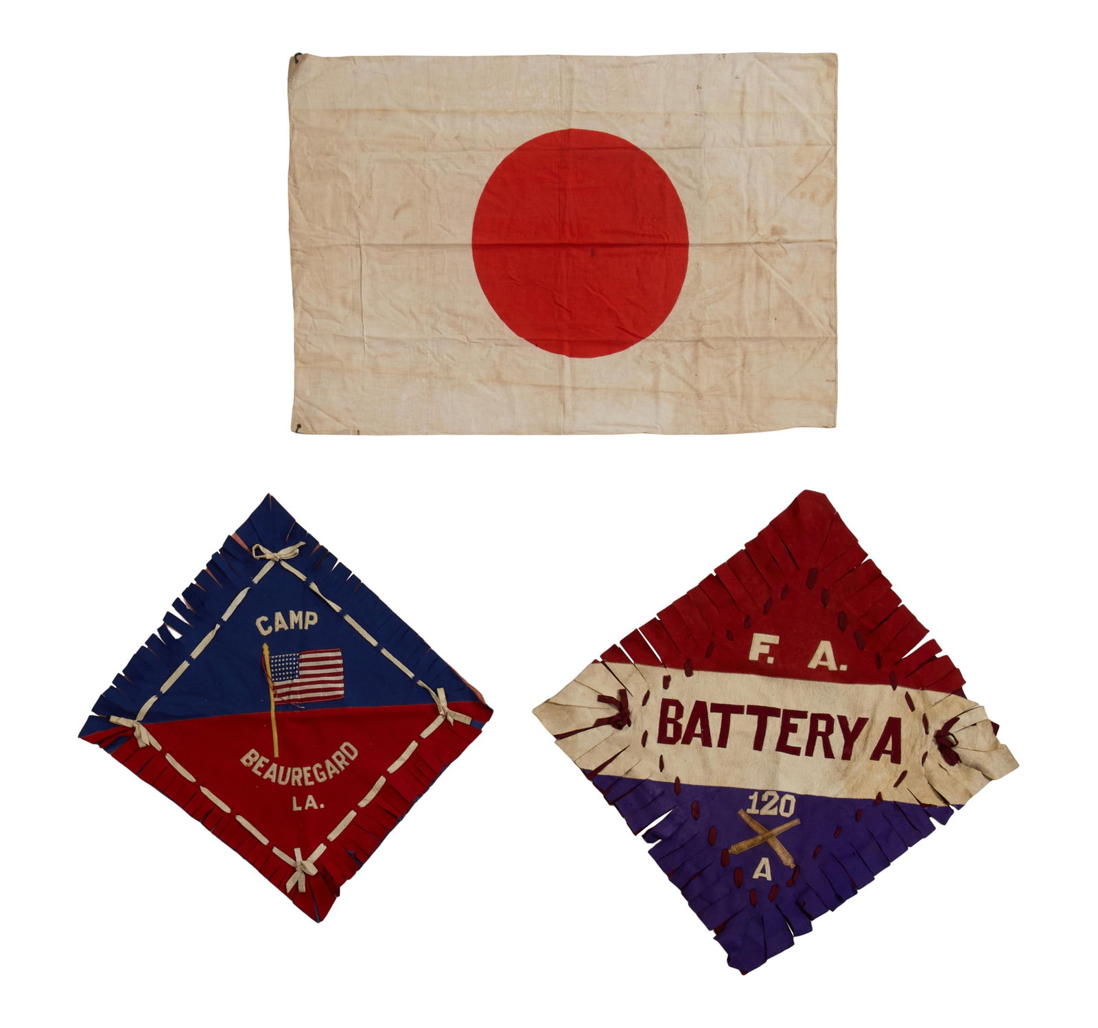 Group of Three Military Banners, Japanese Flag- H.- 27 1/4 in., W.- 40 3/4 in.; Beauregard- H.- 23: Group of Three Military Banners, consisting of two wool banners, "Camp Beauregard LA” and "F.A. Battery A 120 (crossed cannons) A," and one Japanese meatball flag, Japanese Flag- H.- 27 1/4