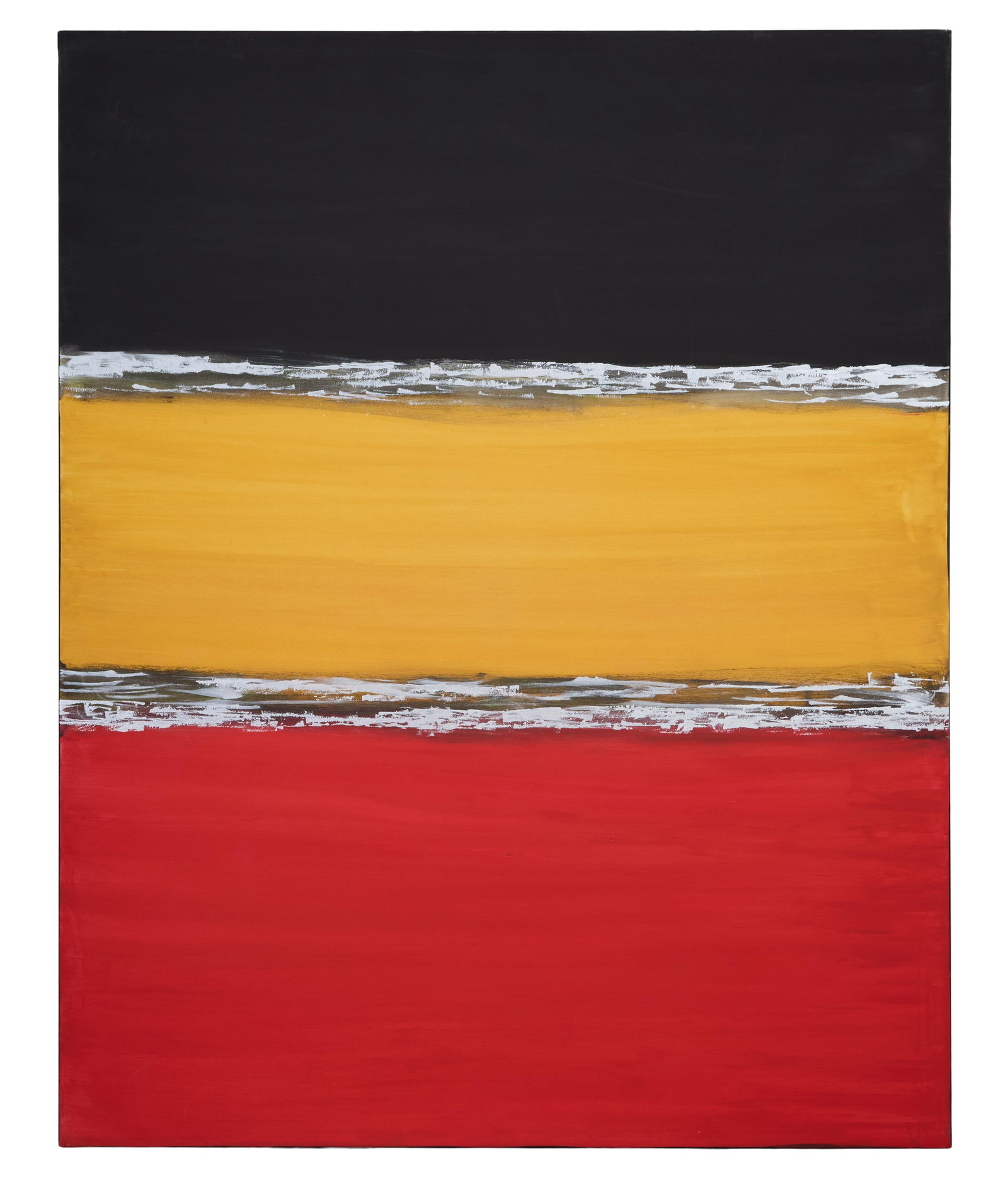 Allen Melton (American/Mississippi, b. 1964), "Untitled: Black, Yellow and Red Abstract," H.- 48: Allen Melton (American/Mississippi, b. 1964), "Untitled: Black, Yellow and Red Abstract," acrylic on canvas, signed on side, unframed, H.- 48 in., W.- 60 in. Provenance: The Estate of Joseph A.