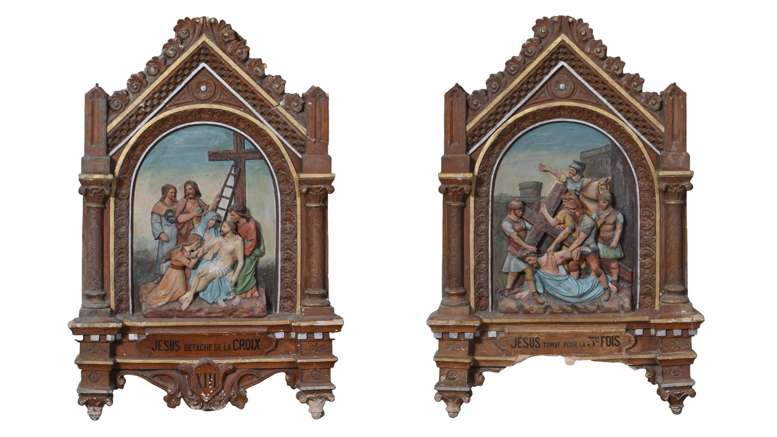 Two French Carved and Painted Stations of the Cross, early 20th c., Each- H.- 43 1/2 in., W.- 28 1/4 (1 of 5)
