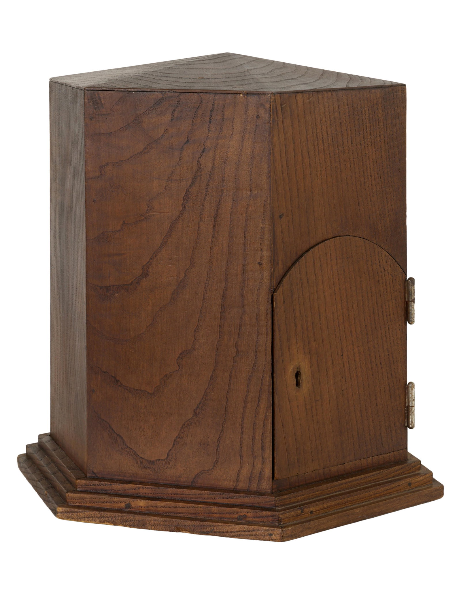 Continental Hexagonal Walnut Tabernacle, early 20th c., H.- 17 1/2 in., W.- 17 in., D.- 15 1/2 in.: Continental Hexagonal Walnut Tabernacle, early 20th c., the hexagonal pyramid top over hexagonal body, with an arched hinged door, on a triple stepped base, H.- 17 1/2 in., W.- 17 in., D.- 15 1/2 in.