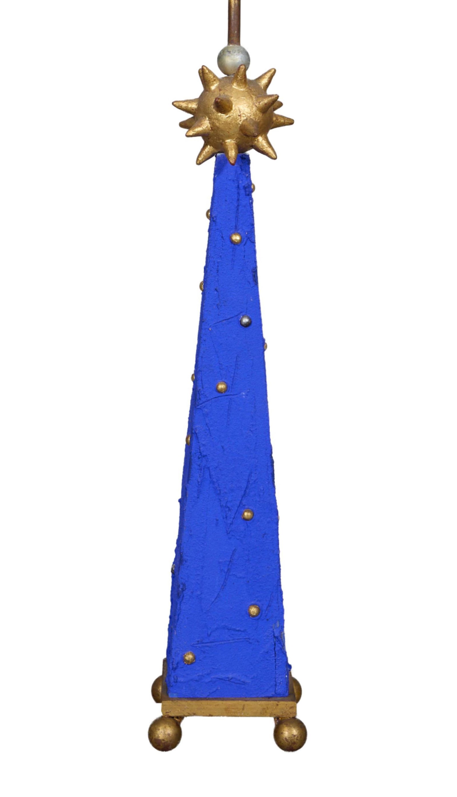 Unusual Contemporary Ceramic Tapered Columnar Triangular Blue Table Lamp, 20th c., H.- 23 1/2 in., (1 of 4)